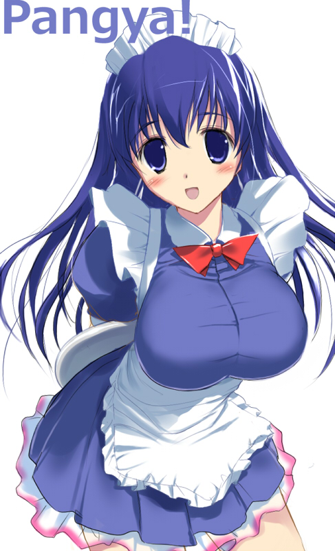 hima, arin (pangya), pangya, bad id, bad pixiv id, 1girl, apron, blue eyes, blue hair, blush, breasts, cowboy shot, female focus, happy, huge breasts, laughing, long hair, simple background, solo, standing, waitress, white background