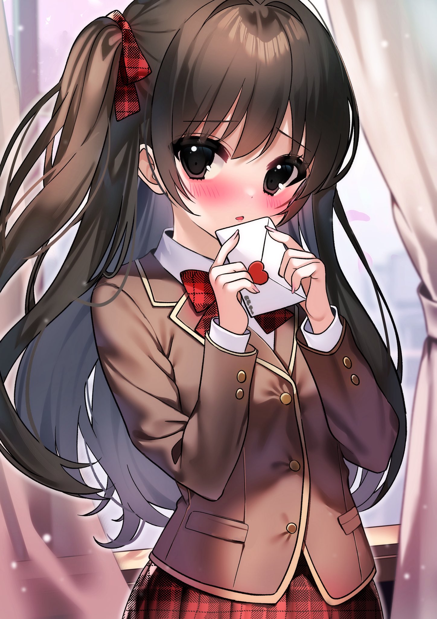 usausausabarasi, original, commentary, highres, 1girl, blazer, blush, bow, brown hair, brown jacket, curtains, furrowed brow, hair between eyes, hair ribbon, half updo, holding, holding letter, jacket, letter, light particles, long hair, long sleeves, looking at viewer, love letter, open mouth, plaid clothes, plaid skirt, red bow, red skirt, ribbon, school uniform, side ponytail, skirt, solo, window