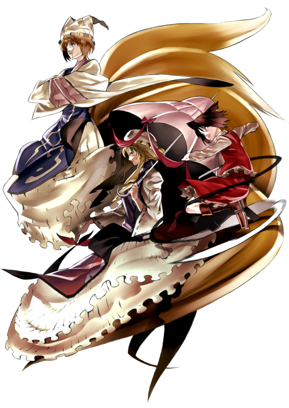 onigunsou, chen, yakumo ran, yakumo yukari, touhou, 3girls, animal ears, animal hat, blonde hair, brown hair, cat ears, cat girl, cat tail, dress, earrings, female focus, fox tail, gap (touhou), hat, jewelry, long hair, long sleeves, mob cap, multiple girls, multiple tails, short hair, tail, tassel, umbrella, white background, wide sleeves