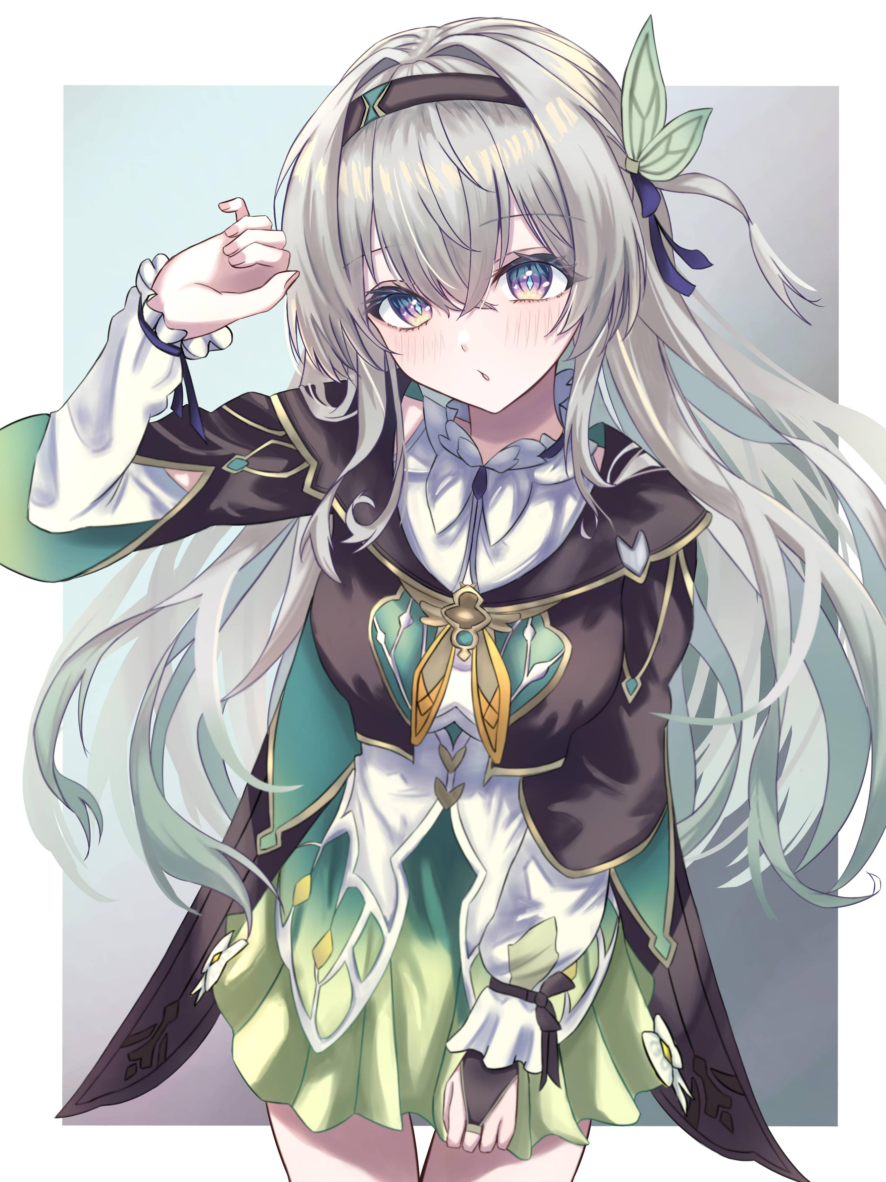 rn (rena), firefly (honkai: star rail), honkai: star rail, honkai (series), absurdres, highres, 1girl, arm up, blush, breasts, bridal gauntlets, dress, gradient hair, green dress, green hair, grey hair, hair between eyes, hair ornament, long hair, long sleeves, looking at viewer, medium breasts, multicolored hair, neckerchief, orange neckerchief, pink eyes, solo