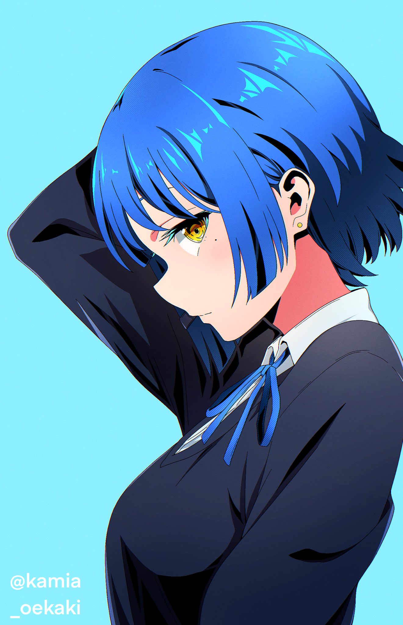 kamia oekaki, yamada ryo, bocchi the rock!, highres, 1girl, arm behind head, blue background, blue hair, blue ribbon, blue sweater, earrings, from side, hair ornament, jewelry, long sleeves, looking at viewer, mole, mole under eye, neck ribbon, ribbon, school uniform, shimokitazawa high school uniform, shirt, short hair, simple background, solo, sweater, twitter username, upper body, white shirt, yellow eyes
