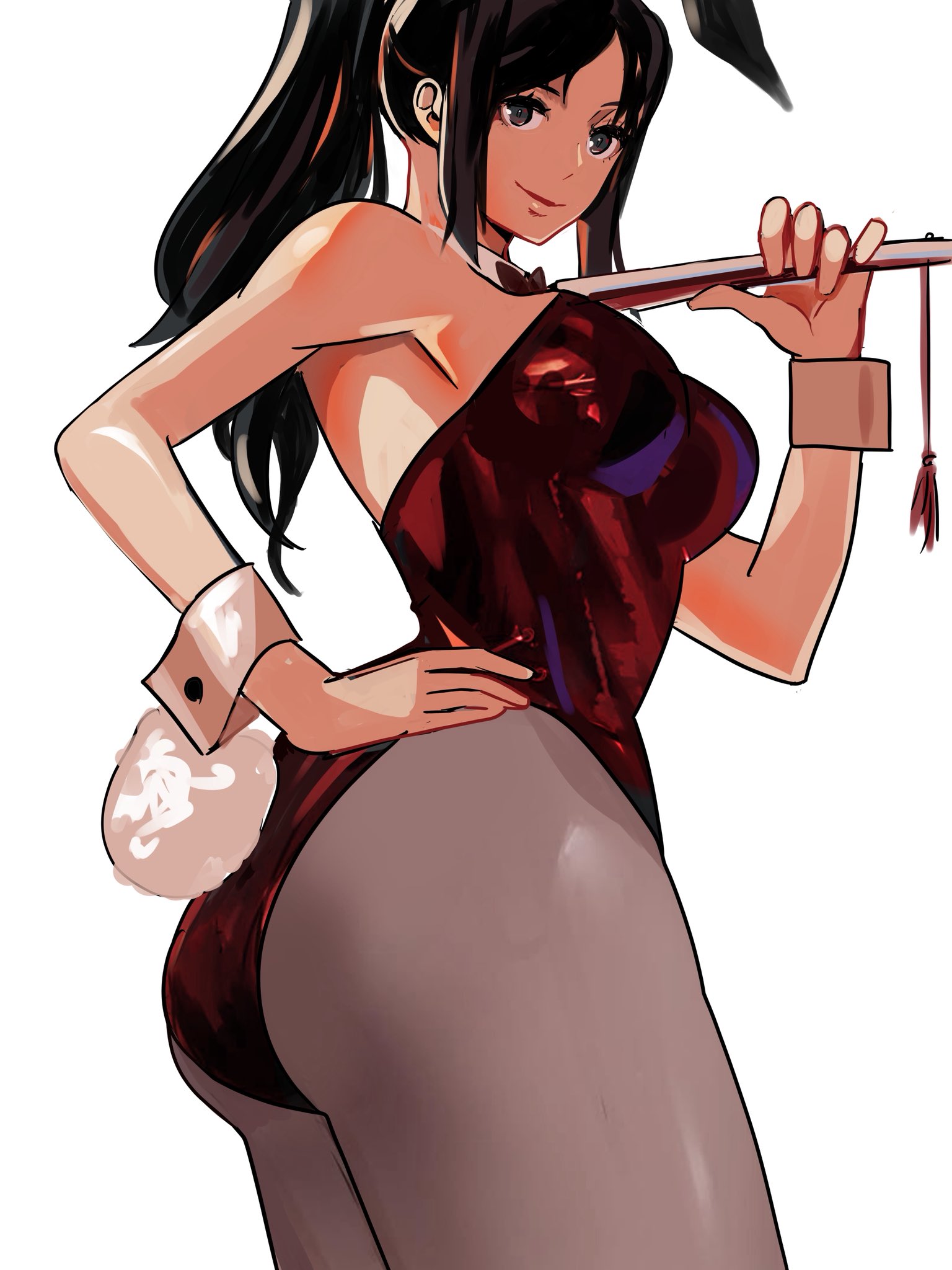 meke (77842928), shiranui mai, street fighter, the king of fighters, highres, 1girl, animal ears, ass, black bow, black bowtie, black pantyhose, bow, bowtie, breasts, fake animal ears, fake tail, folded fan, folding fan, from side, hand fan, hand on own hip, high ponytail, holding, holding fan, leotard, long hair, pantyhose, playboy bunny, ponytail, rabbit ears, rabbit tail, red leotard, sidelocks, simple background, solo, strapless, strapless leotard, tail, thighs, white background, wrist cuffs