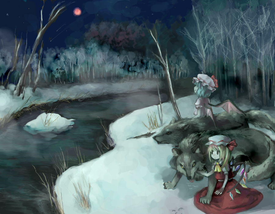 takishima asaka, flandre scarlet, remilia scarlet, touhou, 2girls, female focus, forest, hat, mob cap, moon, multiple girls, nature, siblings, sisters, snow, wings, wolf