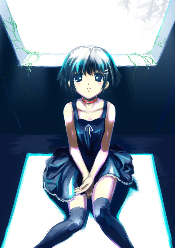 shiitake urimo, original, light, bad id, bad pixiv id, 1girl, black hair, black thighhighs, blue eyes, blush, choker, dress, female focus, flat chest, from above, hair ornament, hairclip, looking up, ribbon, short hair, sitting, solo, sundress, sunlight, thighhighs, window, zettai ryouiki