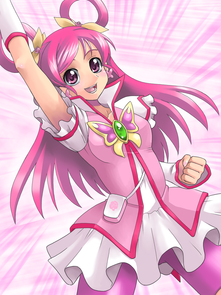 yaso shigeru, cure dream, yumehara nozomi, precure, yes! precure 5, 00s, 1girl, arm up, bike shorts, bike shorts under skirt, eyelashes, female focus, hair rings, long hair, magical girl, pink eyes, pink hair, pink shorts, pink theme, shorts, shorts under skirt, solo
