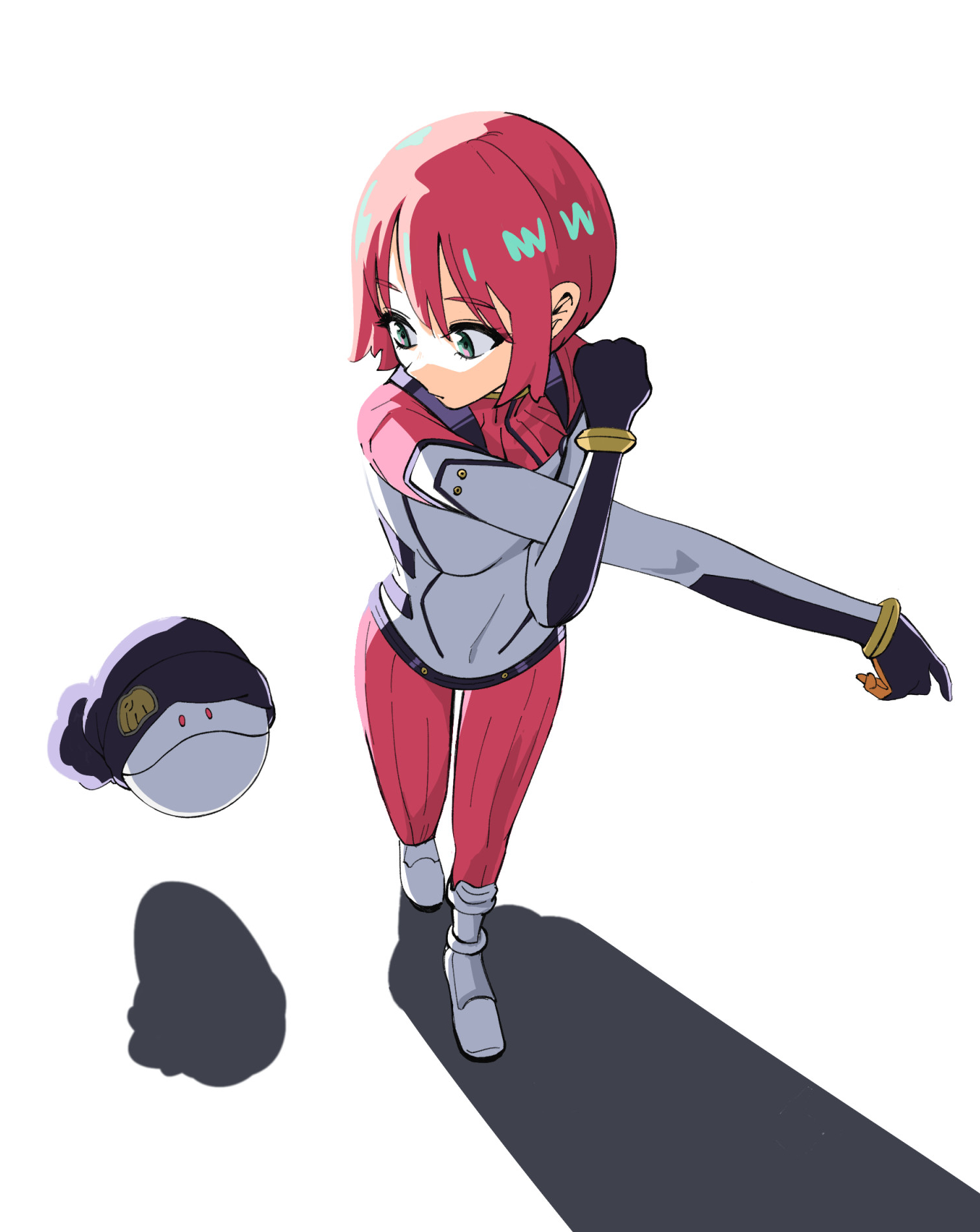 itsumeee3, amate yuzuriha, haro, gundam, gundam gquuuuuux, commentary request, highres, 1girl, blue eyes, bodysuit, closed mouth, double-parted bangs, full body, mecha pilot suit, multicolored bodysuit, pink bodysuit, pink hair, robot, shadow, short hair, simple background, standing, two-tone bodysuit, walking, white background, white bodysuit