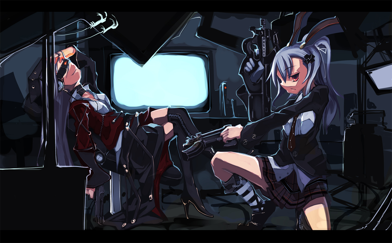 shimadoriru, reisen udongein inaba, yagokoro eirin, touhou, 2girls, alternate costume, animal ears, boots, bullpup, female focus, gun, high heels, indoors, multiple girls, necktie, p90, personal defense weapon, ponytail, rabbit ears, red eyes, shoes, skirt, submachine gun, thigh boots, thighhighs, weapon