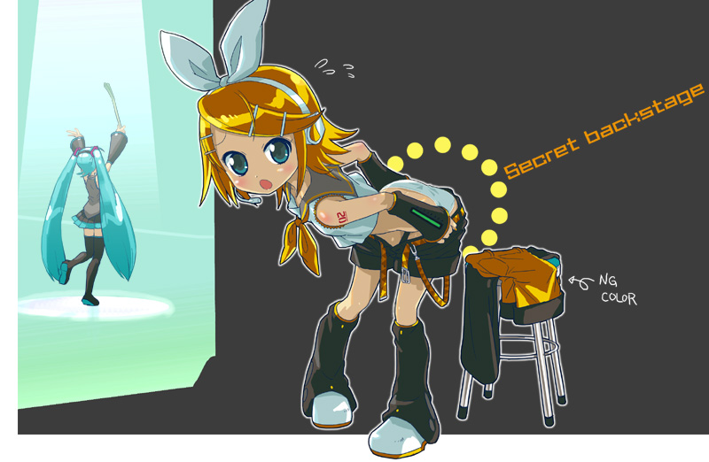 shiitake urimo, hatsune miku, kagamine rin, vocaloid, bent over, long hair, panties, sweatdrop, twintails, underwear, undressing, very long hair