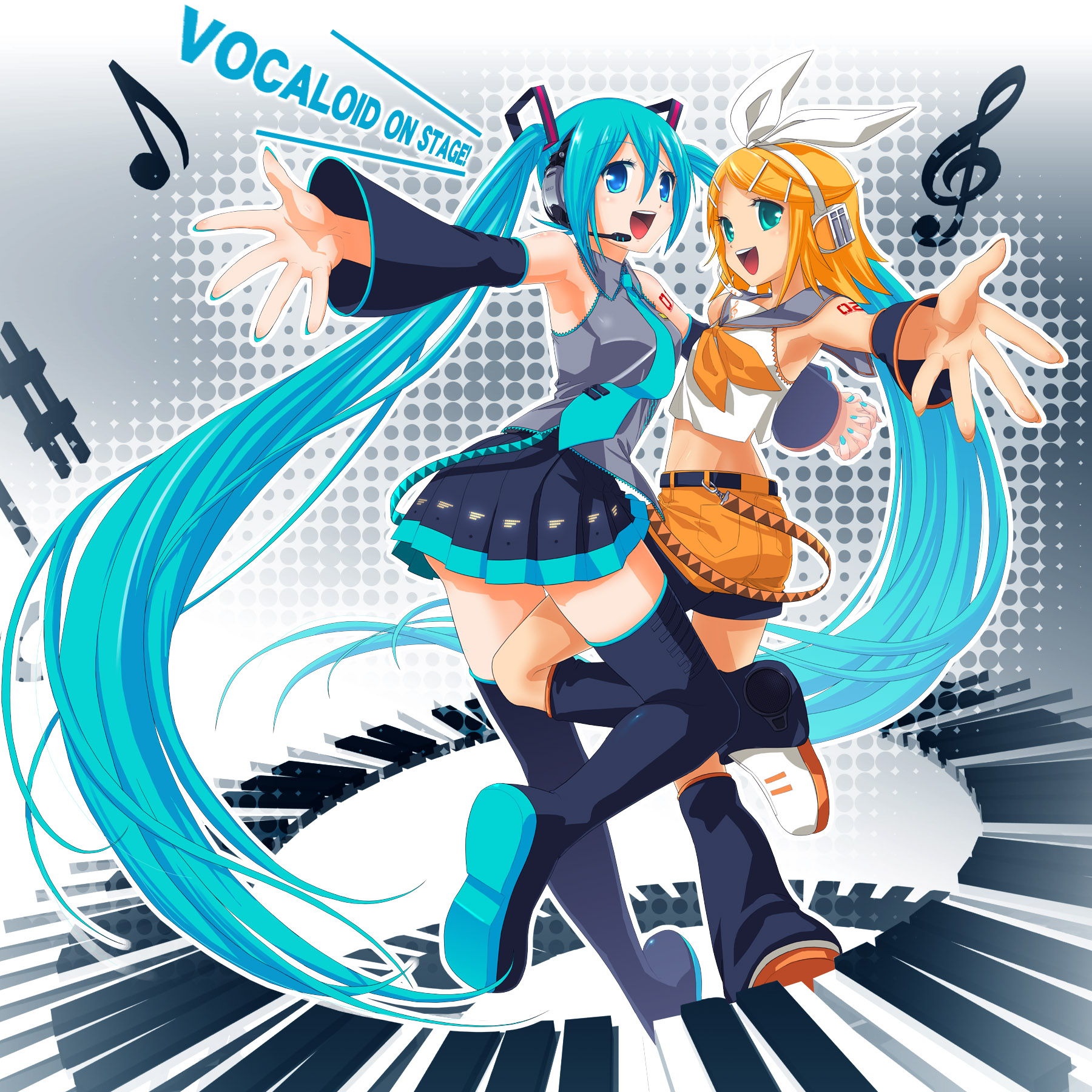 shiitake urimo, hatsune miku, kagamine rin, vocaloid, bad id, bad pixiv id, highres, blue eyes, blue hair, circular keyboard, green eyes, headset, instrument, legs, long hair, midriff, orange hair, piano, piano keys, thighhighs, twintails, very long hair
