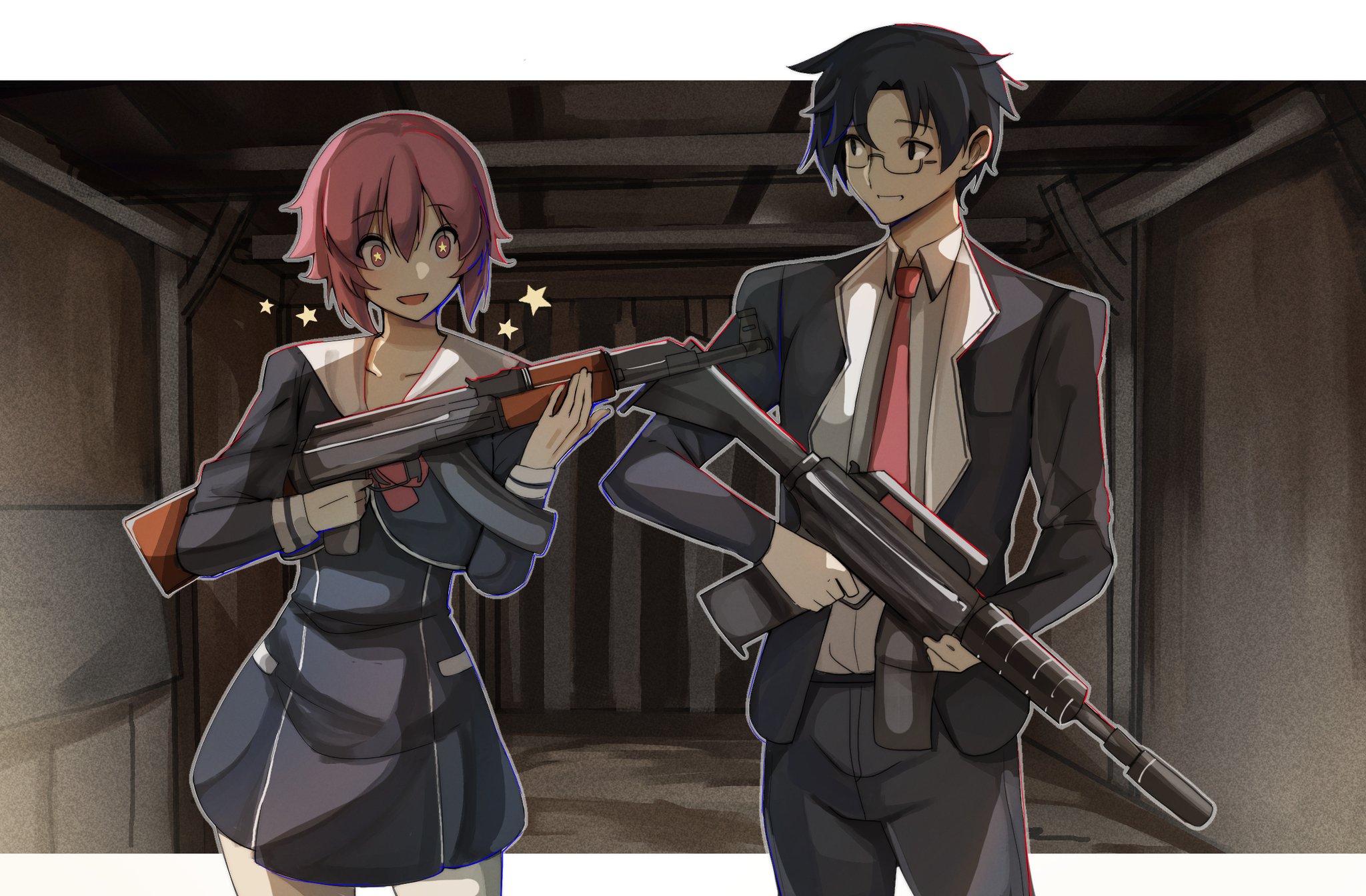 miyashiro takuru, onoe serika, chaos;child, counter-strike (series), science adventure, artist request, commission, highres, weapon request, + +, 1boy, 1girl, ak-47, assault rifle, black hair, black jacket, black pants, blush, chest bow, collarbone, collared shirt, gun, hair between eyes, hekiho academy school uniform, holding, holding gun, holding weapon, jacket, kalashnikov rifle, long sleeves, looking at viewer, miniskirt, necktie, open mouth, pants, pink hair, red necktie, rifle, school uniform, shirt, shirt tucked in, short hair, skirt, smile, thighs, trigger discipline, weapon, white shirt