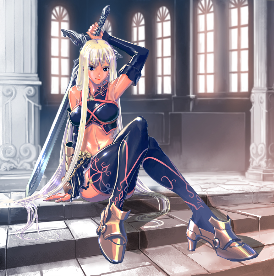 shiitake urimo, original, bad id, bad pixiv id, 1girl, armpits, blonde hair, blue eyes, crossed legs, female focus, legs, long hair, looking at viewer, midriff, navel, sitting, solo, sword, thighhighs, very long hair, weapon