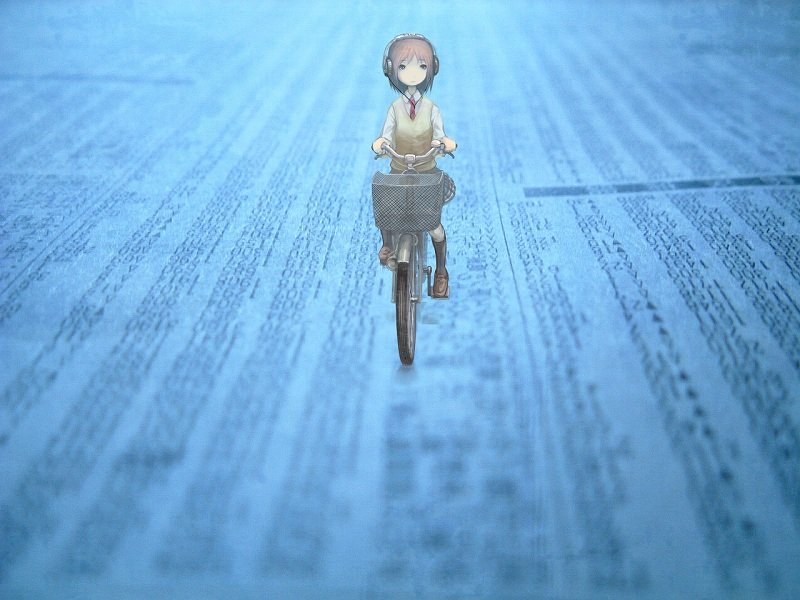 shirakaba, original, 1girl, bicycle, black socks, blurry, brown hair, depth of field, female focus, headphones, kneehighs, loafers, looking at viewer, photo background, riding, school uniform, shirt, shoes, skirt, socks, solo, sweater vest, white shirt