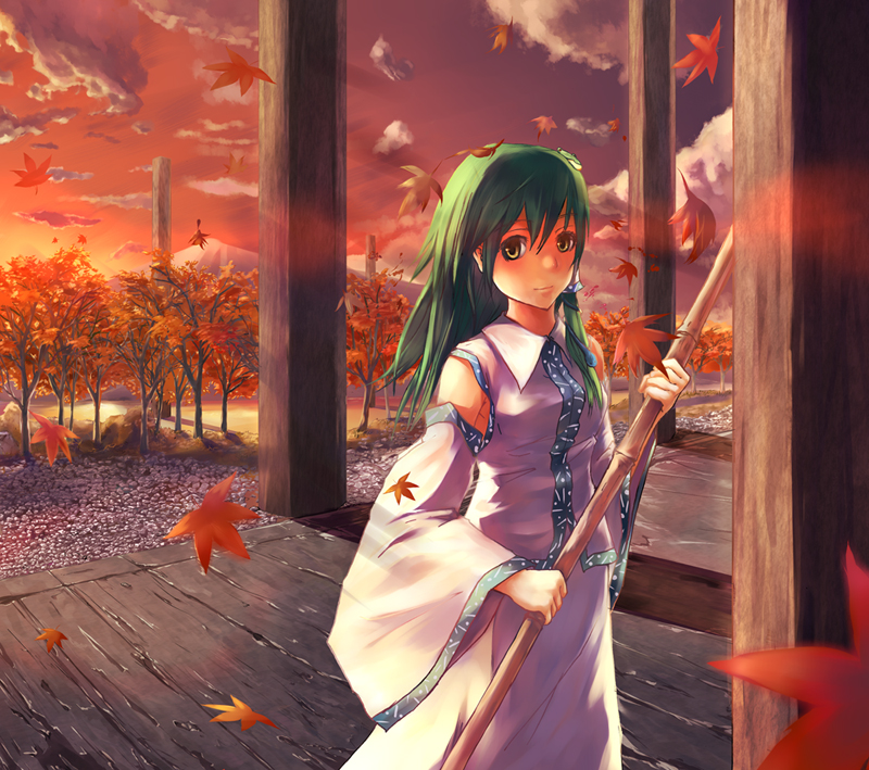 akino komichi, kochiya sanae, touhou, 1girl, autumn, autumn leaves, broom, building, cloud, detached sleeves, female focus, forest, green eyes, green hair, holding, leaf, long hair, long sleeves, looking at viewer, matching hair/eyes, nature, outdoors, pillar, plant, shrine, sky, solo, sunlight, sunset, tree