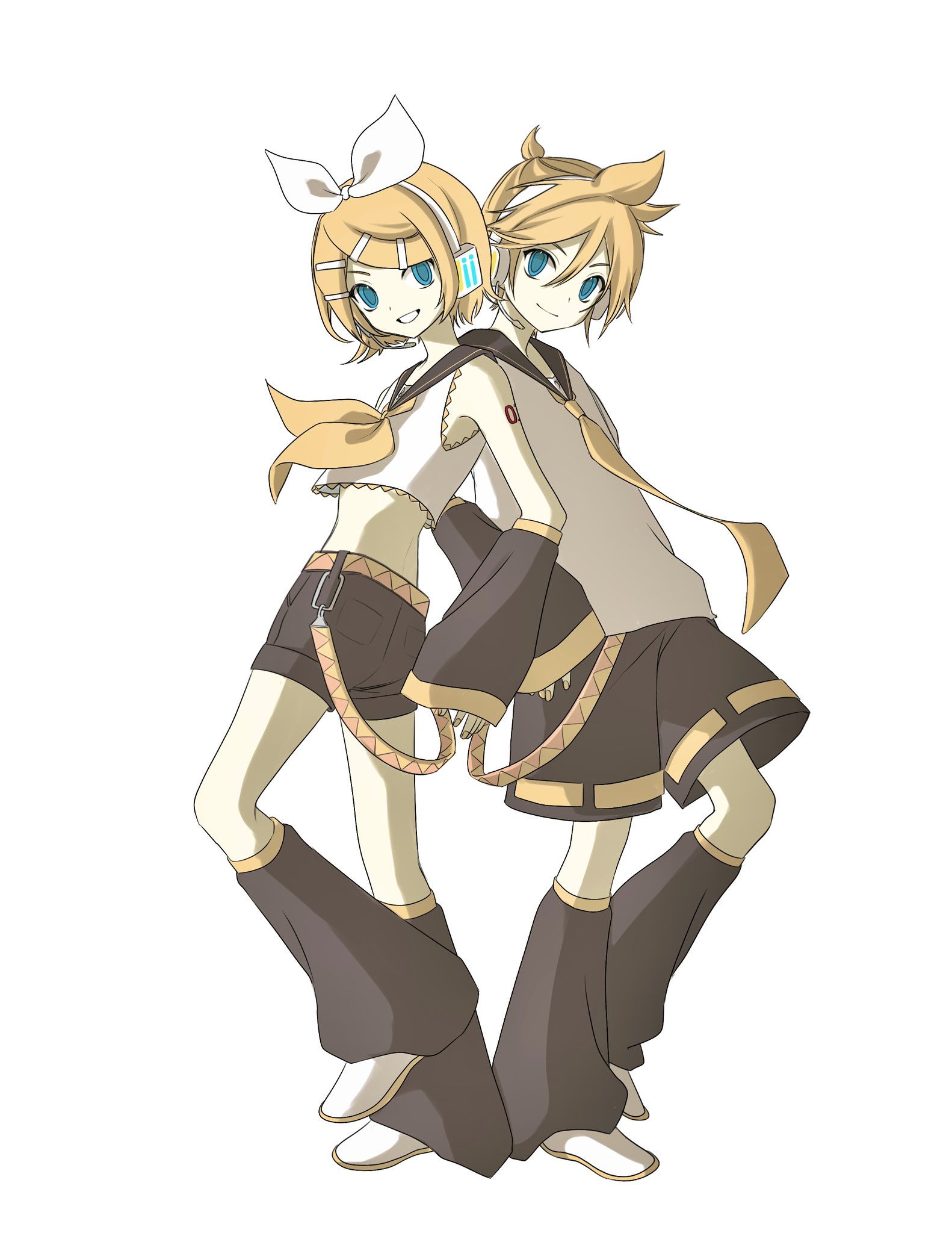 kagamine len, kagamine rin, vocaloid, hashtag-only commentary, highres, 1boy, 1girl, back-to-back, black shorts, blonde hair, blue eyes, bow hairband, brother and sister, cropped shirt, from side, hairband, headset, looking at viewer, myang ( 0 0 o o ), neckerchief, necktie, shirt, short shorts, shorts, siblings, simple background, sleeveless, sleeveless shirt, smile, white background, white hairband, white shirt, yellow neckerchief, yellow necktie