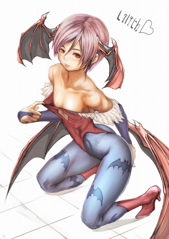 shirakaba, lilith (darkstalkers), capcom, darkstalkers, 1girl, animal print, bat print, bat wings, blue pantyhose, demon girl, female focus, flat chest, leotard, pantyhose, patterned legwear, pink hair, print pantyhose, red eyes, red leotard, solo, wings