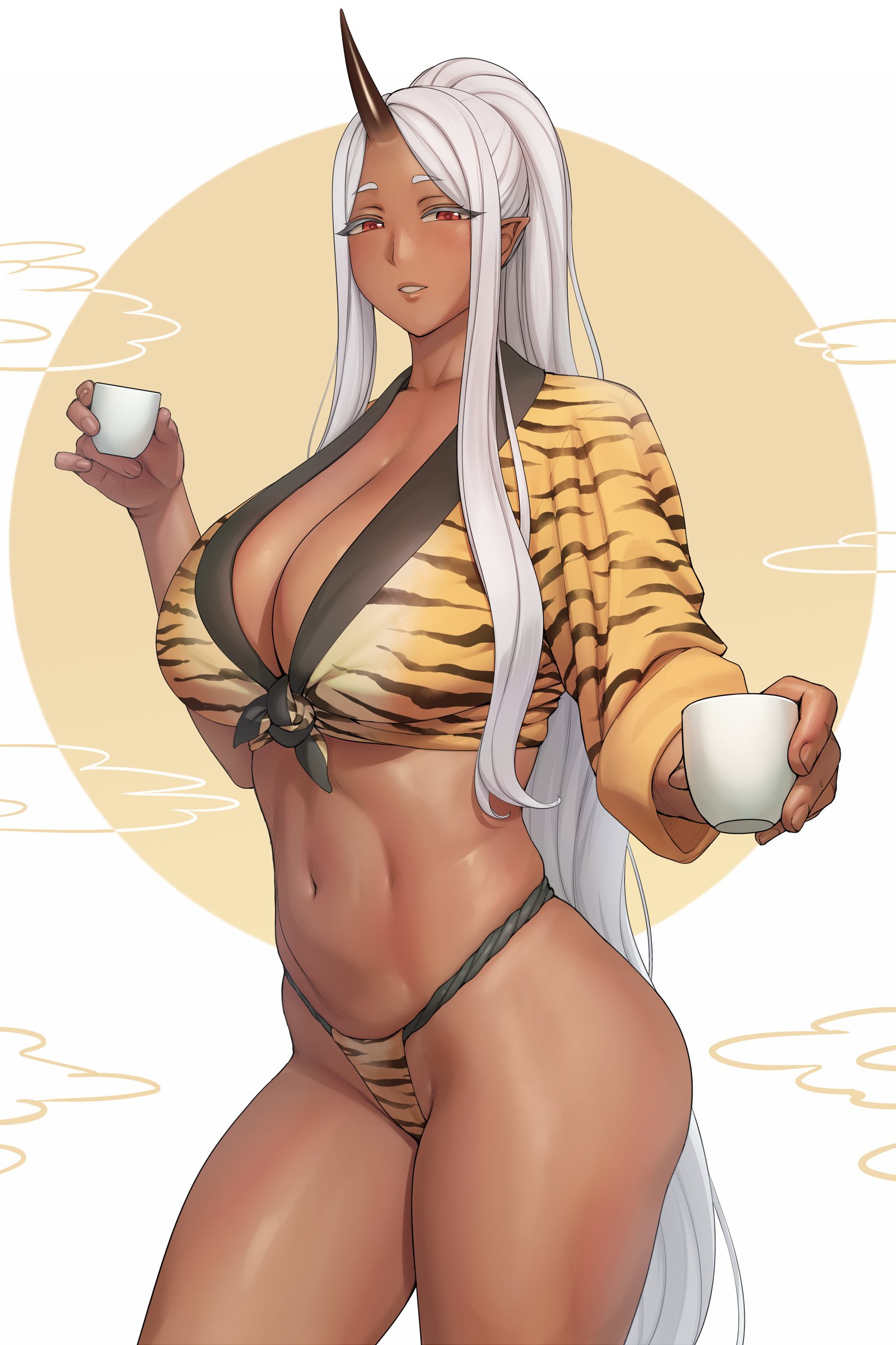 lvl (sentrythe2310), bushu (lvl), original, absurdres, commentary, english commentary, highres, 1girl, animal print, bikini, blush, breasts, cleavage, cowboy shot, cup, dark-skinned female, dark skin, giving, horns, huge breasts, long hair, long sleeves, looking at viewer, navel, oni, parted lips, partially visible vulva, pointy ears, ponytail, red eyes, shirt, single horn, smile, solo, standing, swimsuit, teacup, thighs, tied shirt, tiger print, white hair