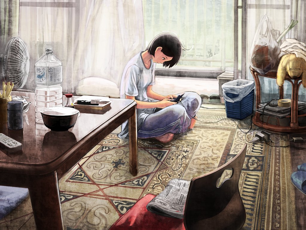 shirakaba, original, 1girl, androgynous, bag, barefoot, black hair, bottle, bowl, chair, controller, crossed legs, curtains, electric fan, electric plug, feet, female focus, groceries, handheld game console, indian style, indoors, living room, looking down, newspaper, nintendo ds, on floor, pants, plastic bag, playing games, playstation portable, remote control, room, rug, shirt, short hair, sitting, slice of life, slippers, soles, solo, soy sauce, spring onion, stuffed animal, stuffed toy, t-shirt, table, tears, toes, trash can, unworn slippers, video game, water bottle, white shirt, window