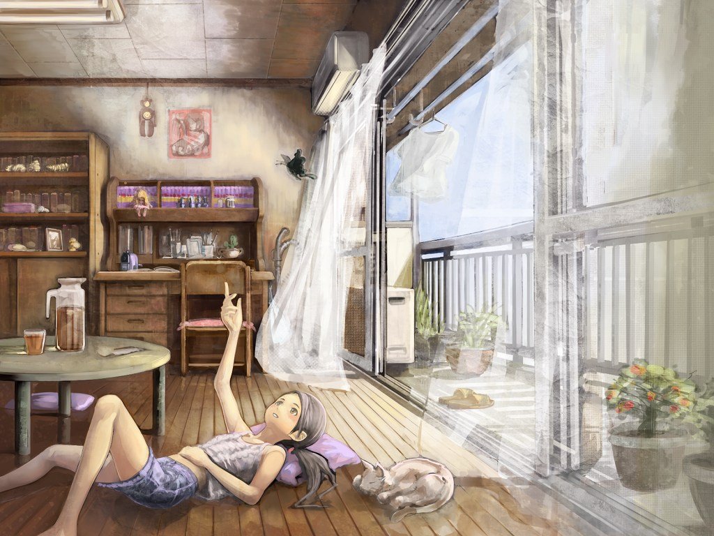 shirakaba, original, bad id, bad pixiv id, 1girl, absurdly detailed composition, black hair, book, bug, butterfly, cat, curtains, doll, female focus, indoors, insect, living room, loaded interior, lying, room, scenery, slice of life, solo, yellow eyes
