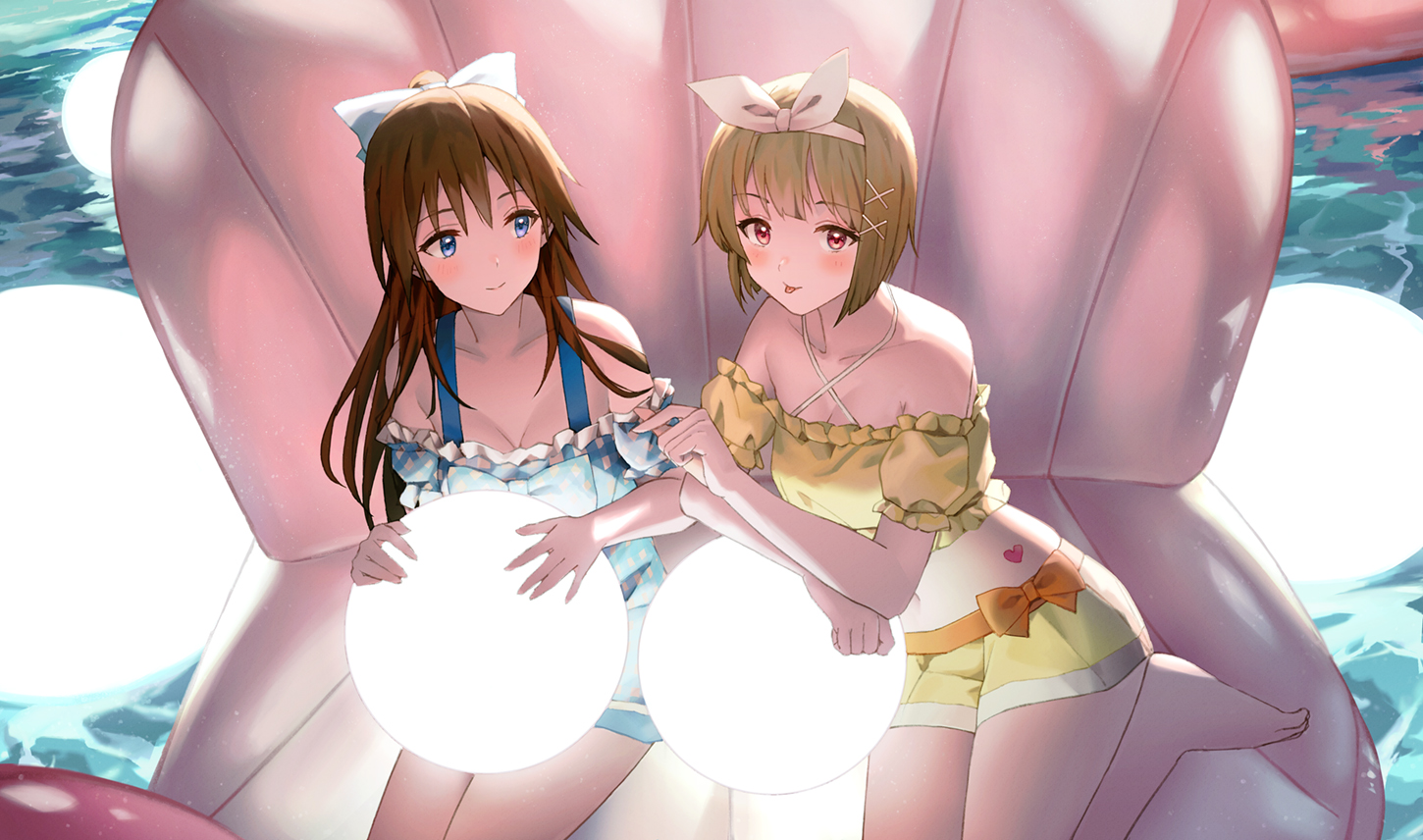 maachi (fsam4547), nakasu kasumi, osaka shizuku, love live!, love live! nijigasaki high school idol club, commentary request, 2girls, :p, barefoot, bikini, bikini skirt, blue bow, blue eyes, blue one-piece swimsuit, blush, bow, breasts, brown hair, cleavage, collarbone, criss-cross halter, frilled bikini, frilled one-piece swimsuit, frills, hair bow, hair ornament, hairband, halterneck, heart, inflatable chair, long hair, looking at another, looking at viewer, medium breasts, multiple girls, navel, off-shoulder bikini, off shoulder, official alternate costume, one-piece swimsuit, orange bow, red eyes, short hair, sidelocks, sitting, smile, swimsuit, tongue, tongue out, water, white hairband, x hair ornament