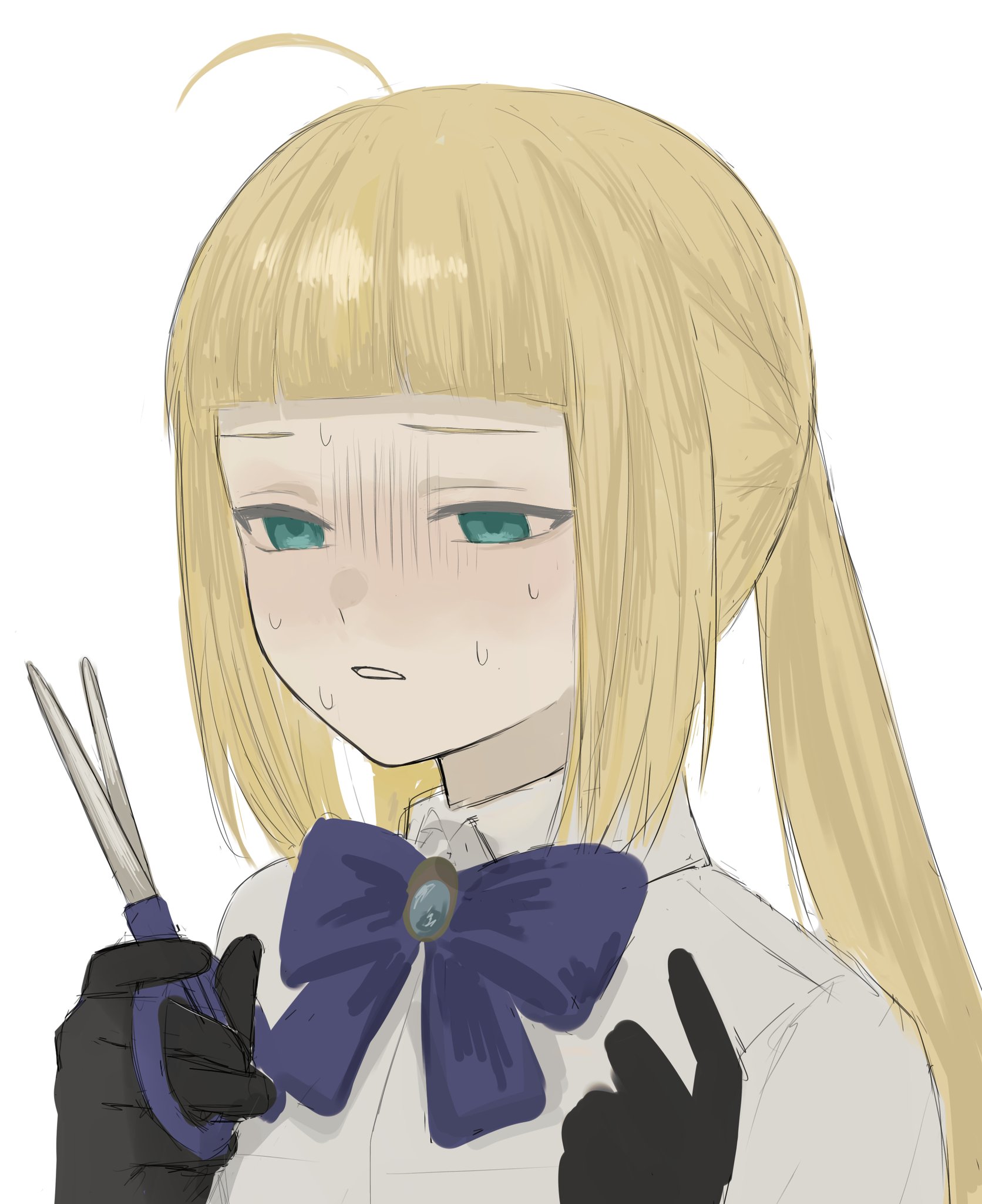 rurubusandayo, artoria caster (fate), artoria pendragon (fate), fate/grand order, fate (series), highres, 1girl, ahoge, alternate hairstyle, black gloves, blonde hair, blue bow, blue bowtie, blunt bangs, bow, bowtie, collared shirt, failure, gloves, green eyes, holding, holding scissors, portrait, scissors, shirt, sidelocks, simple background, solo, sweat, twintails, white background