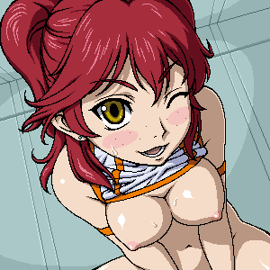 yuuya (yu-ya's), nena trinity, gundam, gundam 00, bad id, bad pixiv id, lowres, 00s, 1girl, blush, bottomless, breasts, clothes lift, female focus, freckles, large breasts, nipples, oekaki, one eye closed, red hair, shirt lift, solo, sweat, wink, yellow eyes