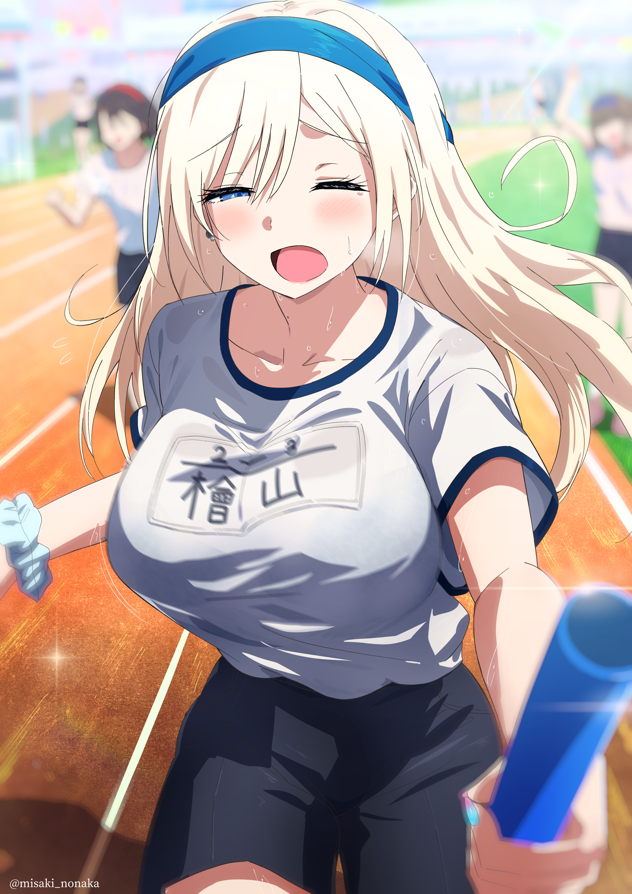 misaki nonaka, original, absurdres, highres, 1girl, black shorts, blonde hair, blue eyes, blue hairband, blurry, blurry background, breasts, copyright notice, gym uniform, hairband, holding baton, large breasts, long hair, mole, mole on neck, motion lines, one eye closed, open mouth, running, running track, scrunchie, shirt, shorts, sweat, white shirt, wrist scrunchie