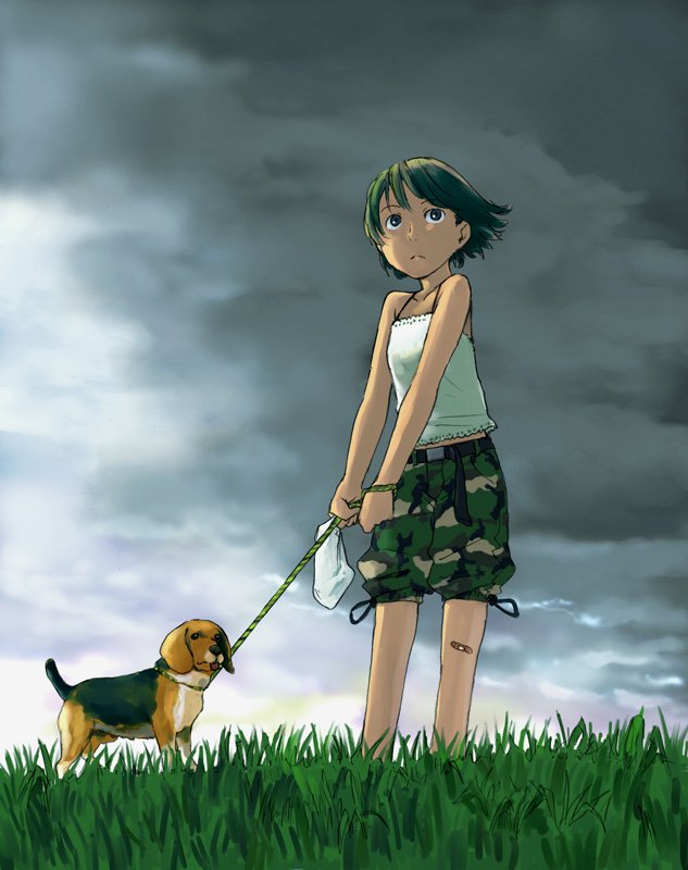 naotan, original, 1girl, bandages, bandaid, bandaid on knee, bandaid on leg, beagle, camisole, camouflage, cloud, cloudy sky, dark cloud, dog, female focus, grass, green eyes, green hair, leash, matching hair/eyes, midriff peek, nature, outdoors, overcast, pet walking, short hair, sky, solo, standing, thigh shorts