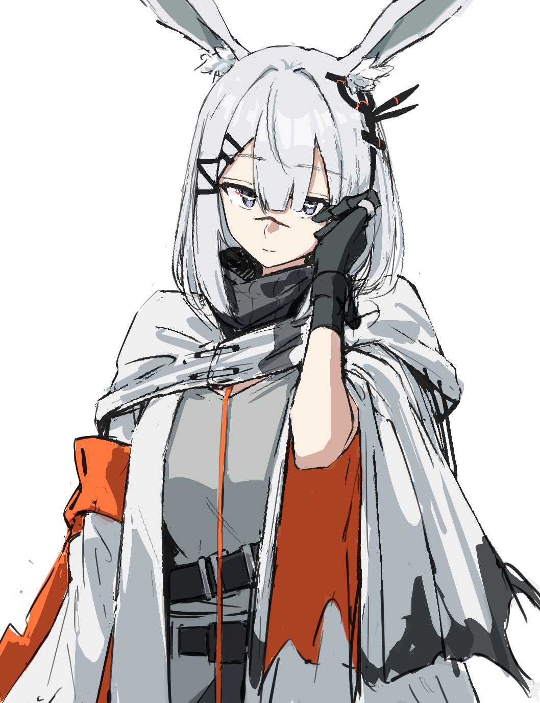 fuyukono, frostnova (arknights), arknights, highres, 1girl, animal ears, armband, black gloves, closed mouth, gloves, grey eyes, grey hair, hair between eyes, hand in own hair, hand on own ear, hand up, jacket, jewelry, looking at viewer, orange armband, ring, scar, scar on face, scar on nose, short hair, simple background, solo, white background, white jacket