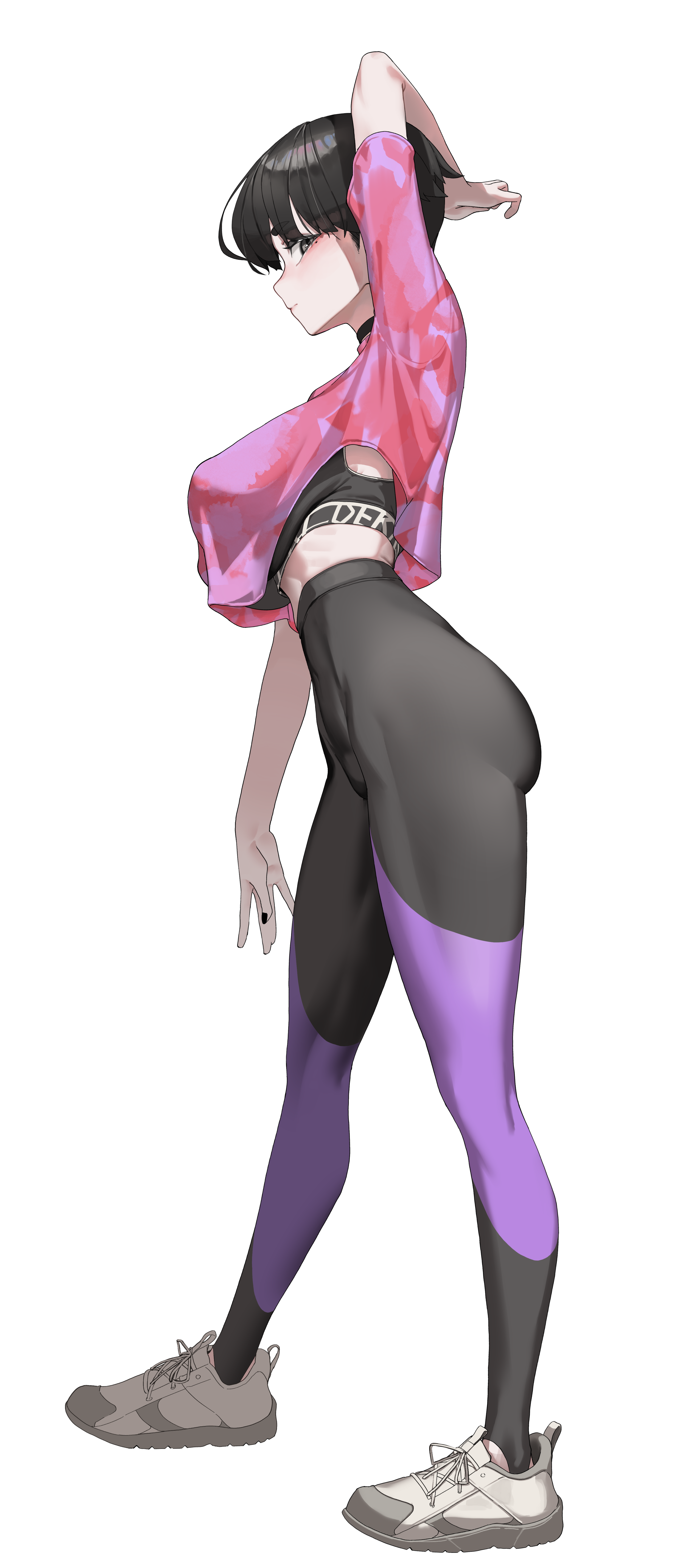 tagua, original, absurdres, highres, 1girl, arm behind head, arm up, black hair, black pants, black sports bra, breasts, from side, high-waist pants, looking to the side, multicolored pants, pants, pink shirt, profile, purple pants, rene (tagua), shirt, shoes, short hair, sneakers, sports bra, white shoes, yoga pants
