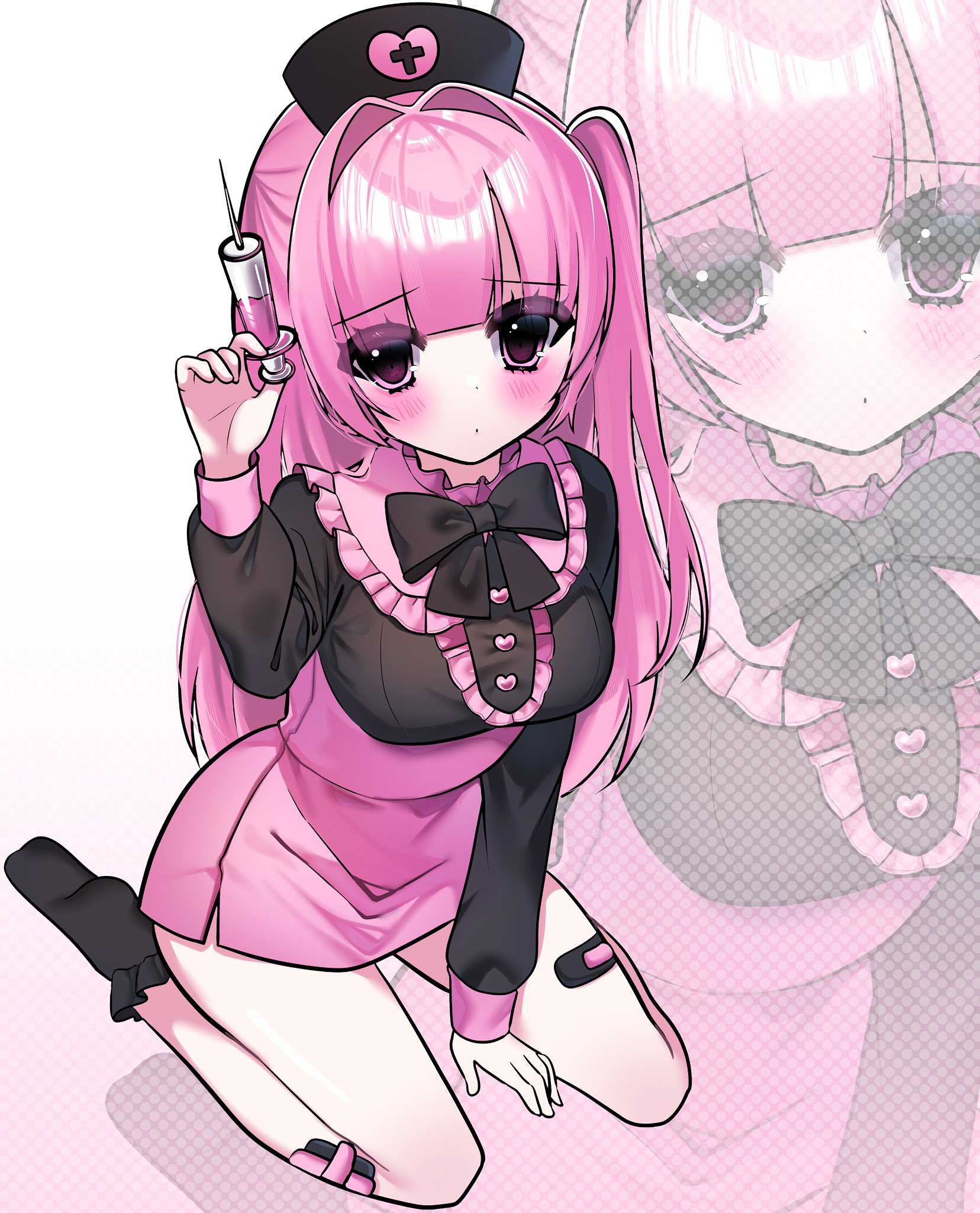 usausausabarasi, original, commentary, highres, 1girl, arm between legs, arm up, bandaid, bandaid on leg, black bow, black hat, blush, bow, closed mouth, collar, cross, dot mouth, frilled collar, frills, hair between eyes, hair intakes, hat, holding, holding syringe, jirai kei, long hair, long sleeves, looking at viewer, multiple girls, no shoes, nurse cap, pink skirt, side ponytail, sitting, skirt, socks, syringe, wariza, white socks, yami kawaii