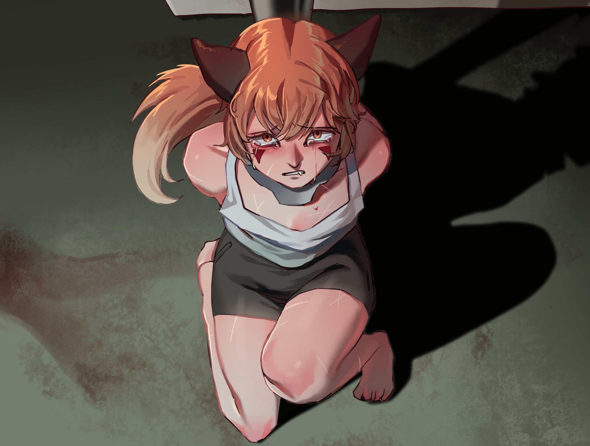 boyfriend to death, commentary, english commentary, highres, 1boy, animal ears, barefoot, black shorts, blood, blood stain, bound, bound wrists, breasts, cleavage, clenched teeth, facial mark, fox ears, fox tail, from above, full body, kemonomimi mode, looking at viewer, male focus, orange eyes, orange hair, pole, ren hana (boyfriend to death), scar, scar on leg, short hair, shorts, solo, soureeeee, tail, tank top, teeth, tied up (nonsexual), white tank top