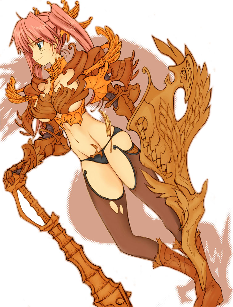 bonza, original, 1girl, armor, black panties, blue eyes, boots, breasts, club (weapon), fantasy, female focus, freckles, gauntlets, large breasts, long hair, lowleg, lowleg panties, midriff, navel, panties, pink hair, shield, smile, solo, thigh gap, thighhighs, thighs, torn clothes, torn thighhighs, twintails, underboob, underwear, weapon