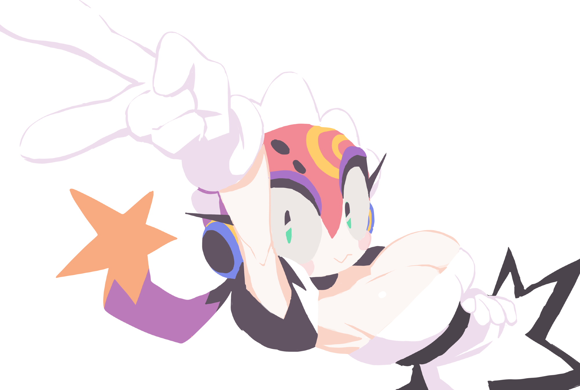 gashi-gashi, bommina, bommina the maidroid, commentary, highres, symbol-only commentary, 1girl, breasts, cleavage, dutch angle, gloves, hand on own hip, huge breasts, looking at viewer, maid headdress, simple background, solo, v, white background, white gloves