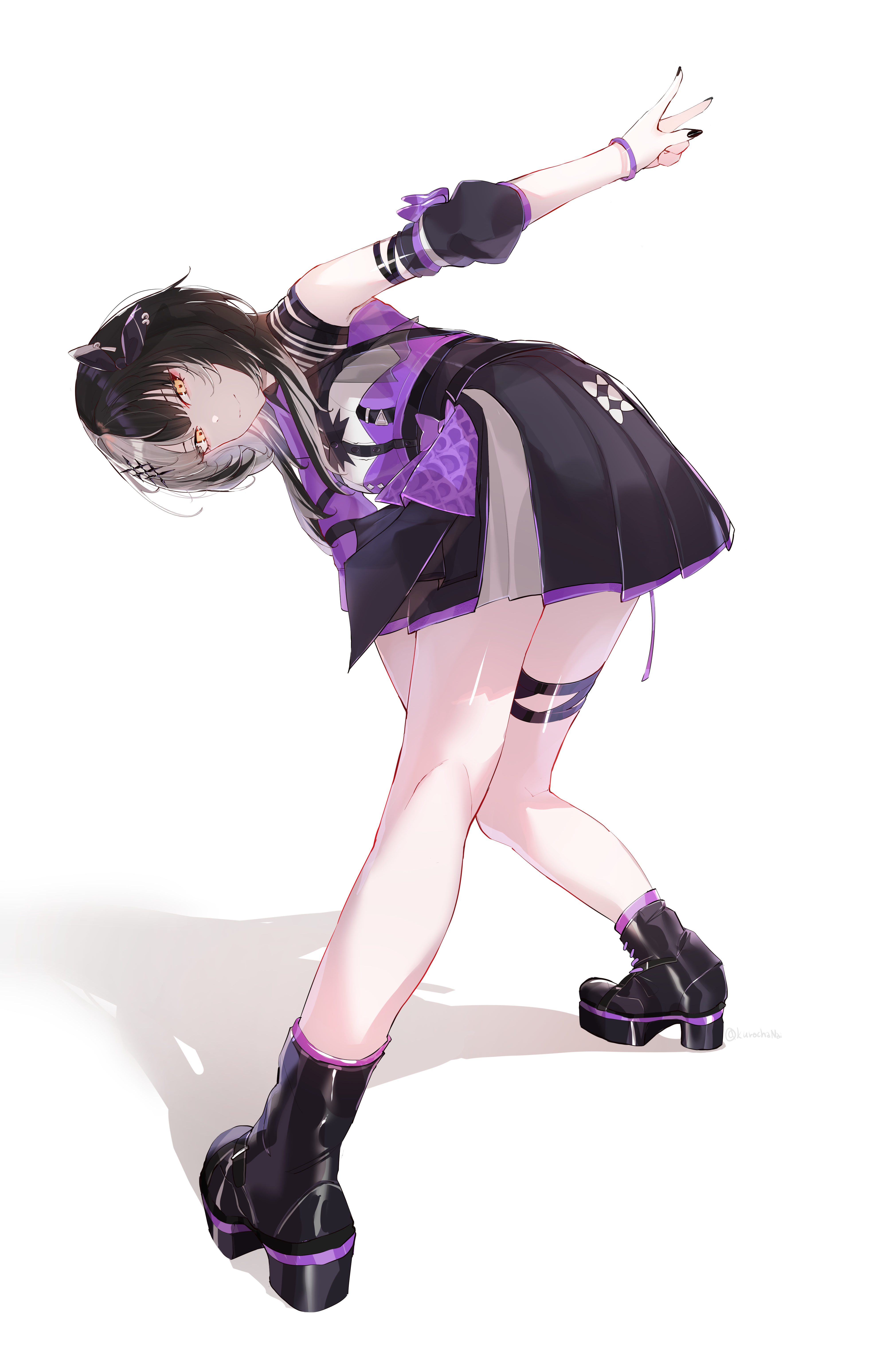 kurochanai, shiori novella, hololive, hololive english, absurdres, highres, 1girl, bent over, black boots, black hair, black nails, black skirt, boots, bracelet, closed mouth, grey hair, idol clothes, jewelry, looking back, multicolored hair, multicolored shirt, purple shirt, shirt, single sleeve, skirt, smile, solo, split-color hair, thigh strap, two-tone hair, virtual youtuber, white shirt, yellow eyes