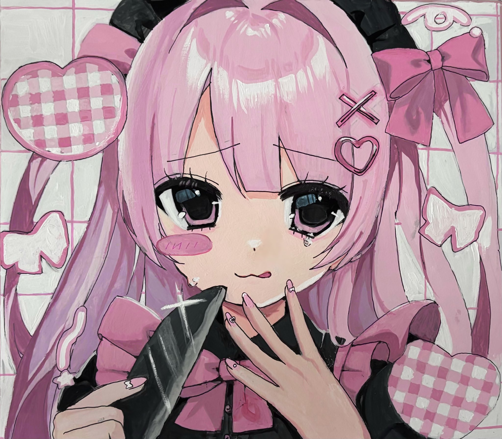 usausausabarasi, original, commentary, highres, traditional media, 1girl, :3, apron, blush, blush stickers, bow, closed mouth, frilled apron, frills, grid background, hair bow, hair ornament, heart, heart hair ornament, holding, holding knife, jirai kei, knife, long hair, looking at viewer, pink bow, pink nails, portrait, solo, teardrop, tongue, tongue out, twintails, x hair ornament