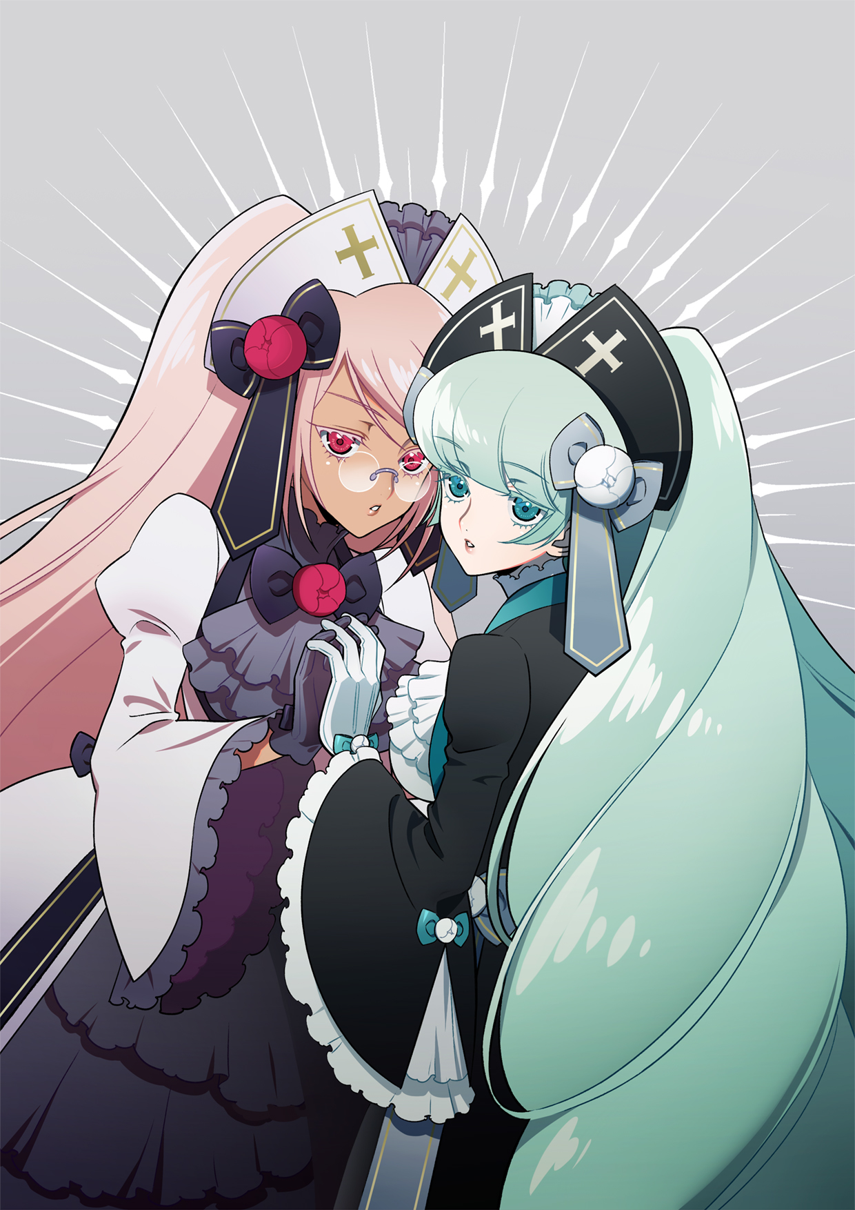 tomaty., ariel valtiel westcot, etia visconti, gen'ei wo kakeru taiyou, highres, 2girls, aqua eyes, aqua hair, curly hair, dress, flower, frilled dress, frilled hat, frilled sleeves, frills, glasses, hat, holding hands, lolita fashion, long hair, magical girl, multiple girls, pink hair, red eyes, red flower, red rose, rose