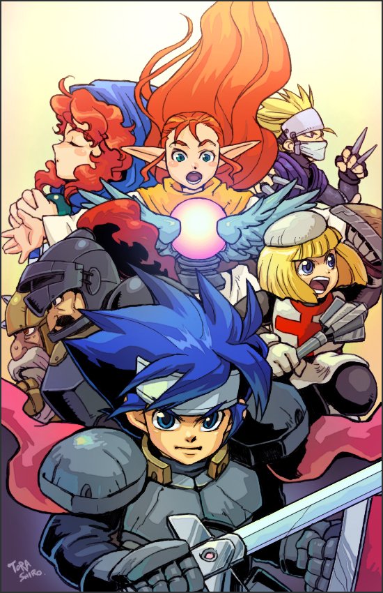 torashiro eiji, albert odyssey 2, sunsoft, bad id, bad pixiv id, 3girls, 4boys, armor, beard, blonde hair, blue eyes, blue hair, brown eyes, closed eyes, crystal ball, elf, everyone, facial hair, fingerless gloves, gloves, headband, knight, kunai, long hair, mace, multiple boys, multiple girls, mustache, open mouth, orange hair, pointy ears, shield, sword, weapon, wings