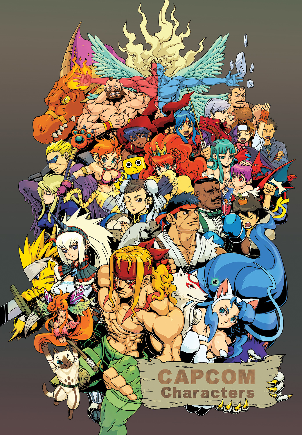 torashiro eiji, alex (street fighter), amaterasu (ookami), captain commando (character), chun-li, dante (devil may cry), dudley, fairy (breath of fire), felicia (darkstalkers), felyne, gill (street fighter), hauzer, ichimonji batsu, issun, jon talbain, katt (breath of fire), lilith (darkstalkers), makoto (street fighter), mike haggar, moriah (chronicles of mystara), morrigan aensland, nina (breath of fire ii), princess tiara, rei (breath of fire), ryu (breath of fire i), ryu (breath of fire ii), ryu (street fighter), servbot (mega man), wakaba hinata, zangief, breath of fire, breath of fire i, breath of fire ii, breath of fire iii, capcom, captain commando, darkstalkers, devil may cry (series), dungeons & dragons: chronicles of mystara, final fight, gaia master, justice gakuen, mega man (series), mega man legends (series), monster hunter (series), ookami (game), shiritsu justice gakuen, street fighter, street fighter ii (series), street fighter iii (series), street fighter zero (series), warzard, annotated, annotation request, highres, > <, 00s, 1990s (style), 6+boys, 6+girls, :<, ;d, ^ ^, abs, animal ears, animal hands, animal print, aqua hair, arm up, arm warmers, armlet, bandages, bare shoulders, basket, bat wings, beard, big hair, black hair, black wings, blonde hair, blue eyes, blue hair, blue skin, blunt bangs, blush, body fur, boned meat, boots, bow, bowtie, boxing gloves, breasts, bridal gauntlets, brown hair, bun cover, cape, cat, cat ears, center opening, claws, cleavage, cleavage cutout, clenched hand, clenched teeth, closed eyes, closed mouth, clothing cutout, colored skin, company connection, company name, crossed arms, crossover, crown, cup, curly hair, dark skin, demon girl, dinosaur, double bun, dougi, drink, drinking glass, drinking straw, earrings, everyone, facial hair, facial mark, fairy, fingerless gloves, flat chest, floating hair, folding fan, food, food on head, forehead mark, frills, frown, fur trim, gem, gloves, gradient background, green hair, grey background, hair bun, hairband, hand fan, hand on another's head, happy, head wings, headband, holding, holding hands, holding staff, holding sword, holding weapon, hood, hoop earrings, horns, ice, japanese clothes, jewelry, kirin (armor), large breasts, laughing, light smile, long hair, meat, mini person, minigirl, mohawk, multiple boys, multiple crossover, multiple girls, multiple wings, muscular, mustache, nude, object on head, one eye closed, open clothes, open mouth, open vest, orange hair, outstretched arms, pants, paw print, pinky out, ponytail, purple hair, red hair, red skin, red skirt, retro artstyle, ribbon, rope, scar, school uniform, serafuku, sharp teeth, short hair, siblings, sidelocks, sign, simple background, single horn, sisters, sitting, size difference, skirt, slit pupils, smile, spiked hair, spread arms, staff, steamed bun, sunglasses, suspenders, sword, tail, tattoo, teeth, tiger print, tomboy, topless male, torn clothes, turtleneck, very long hair, vest, waving, wavy hair, weapon, white hair, wine glass, wings, wink, wolf, wristband, yellow eyes, yellow skin