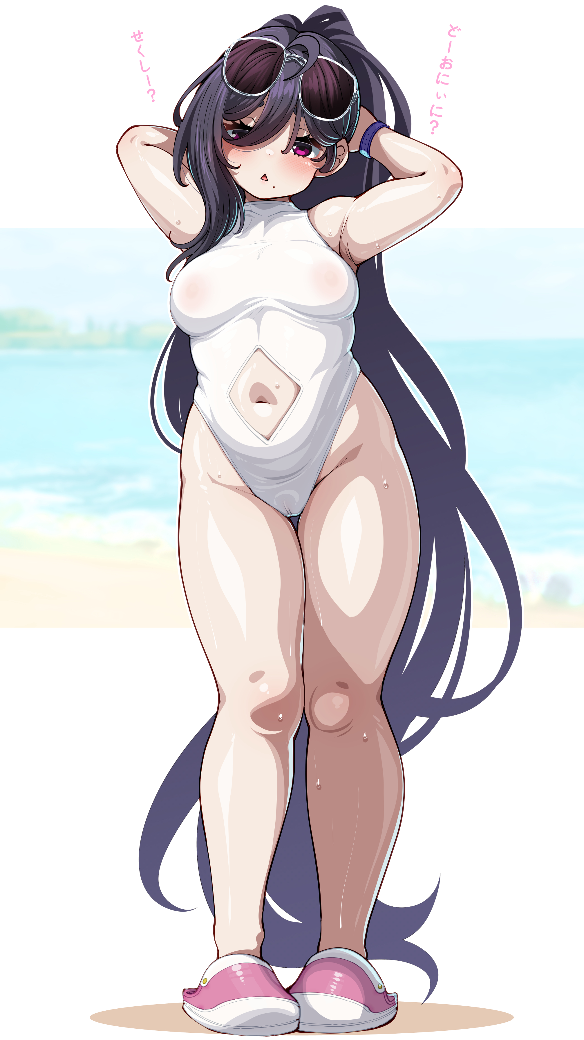 konoshige (ryuun), downer kid (konoshige), original, absurdres, highres, 1girl, absurdly long hair, arms behind head, arms up, black hair, blush, breasts, cameltoe, casual one-piece swimsuit, chestnut mouth, clothing cutout, competition swimsuit, eyewear on head, full body, groin, hair between eyes, long hair, long hair between eyes, looking at viewer, medium breasts, mole, mole under mouth, navel, navel cutout, nipples, one-piece swimsuit, open mouth, outdoors, red eyes, see-through clothes, shortstack, slippers, solo, standing, sunglasses, swimsuit, thick thighs, thighs, very long hair, wet, white one-piece swimsuit, wristband
