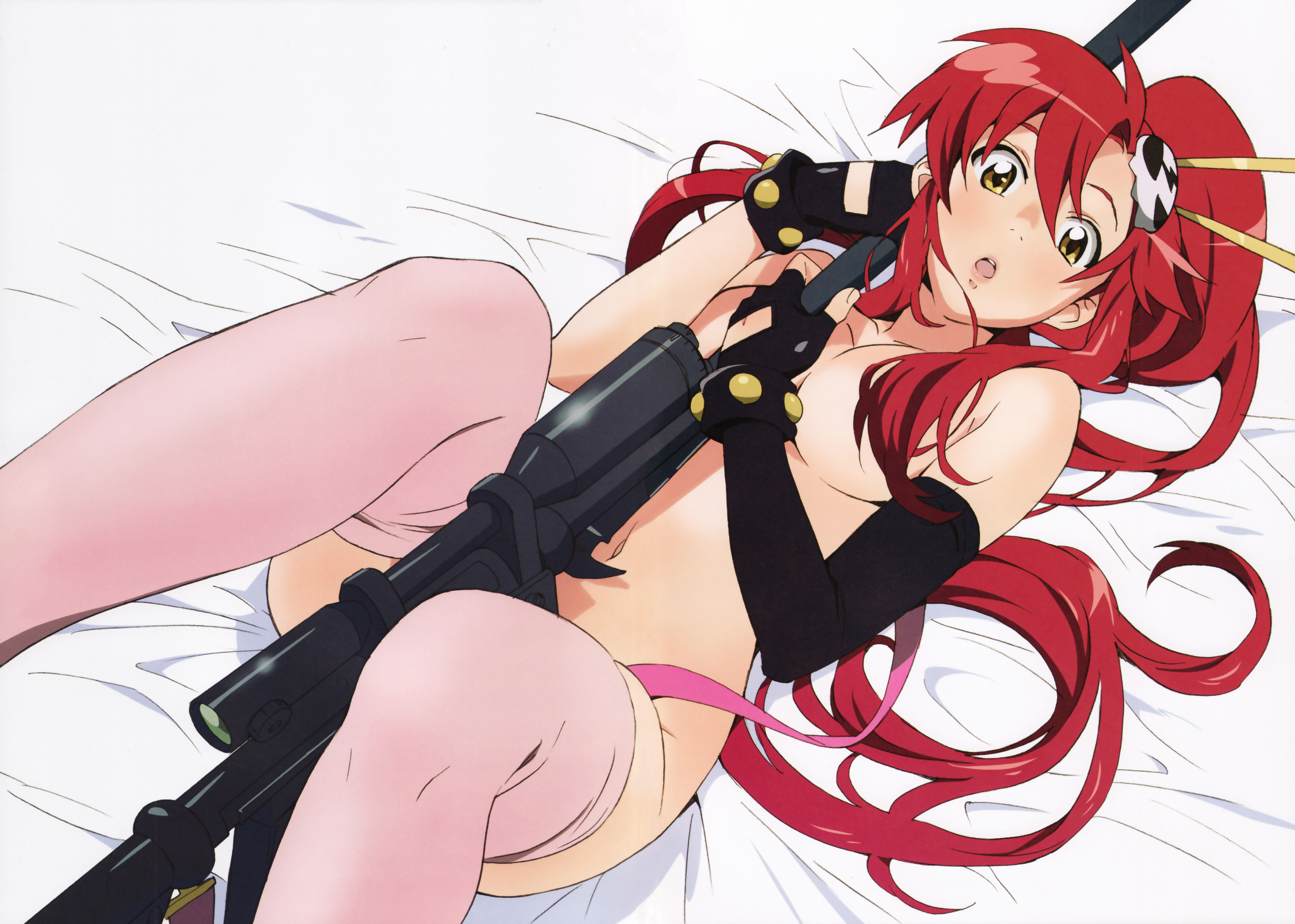 yoko littner, tengen toppa gurren lagann, absurdres, artist request, highres, official art, 00s, 1girl, :o, anti-materiel rifle, bed, bed sheet, blush, breasts, censored, chopsticks, convenient censoring, elbow gloves, female focus, gloves, gun, hair censor, hair over breasts, long hair, looking at viewer, lying, navel, nude, on back, open mouth, pink thighhighs, ponytail, red hair, rifle, sniper rifle, solo, thighhighs, weapon, yellow eyes