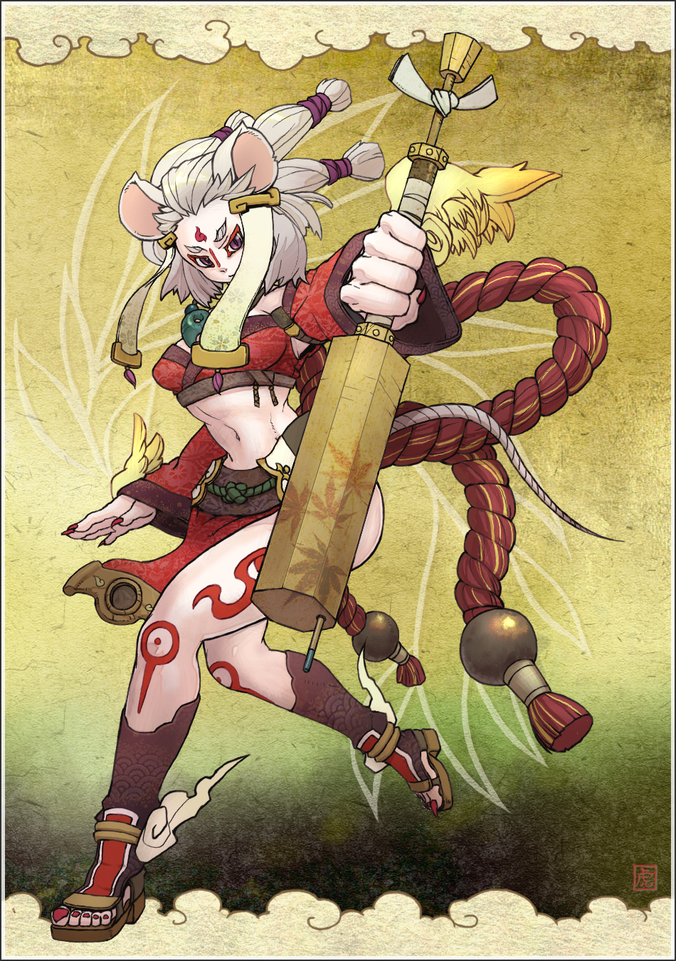 torashiro eiji, highres, animal ears, bodypaint, grey hair, kujibiki, mouse ears, mouse tail, personification, purple eyes, solo, tail