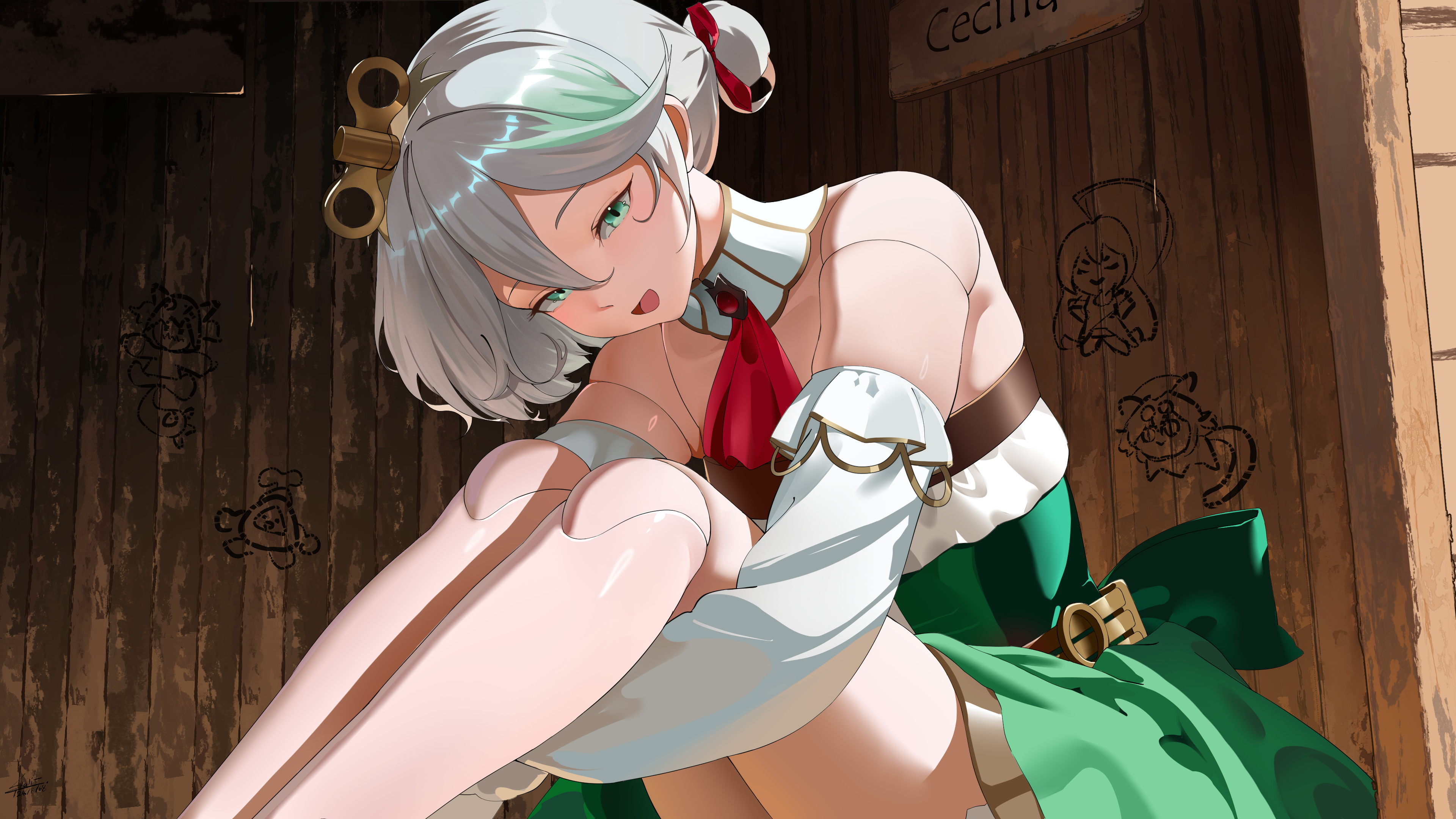 aou13093, cecilia immergreen, cecilia immergreen (1st costume), hololive, hololive english, absurdres, highres, 1girl, ascot, corset, detached collar, detached sleeves, doll joints, gradient hair, green corset, green eyes, green hair, green skirt, grey hair, hair bun, joints, knees up, multicolored hair, open mouth, red ascot, romper, sitting, skirt, solo, strapless romper, virtual youtuber, white romper, winding key