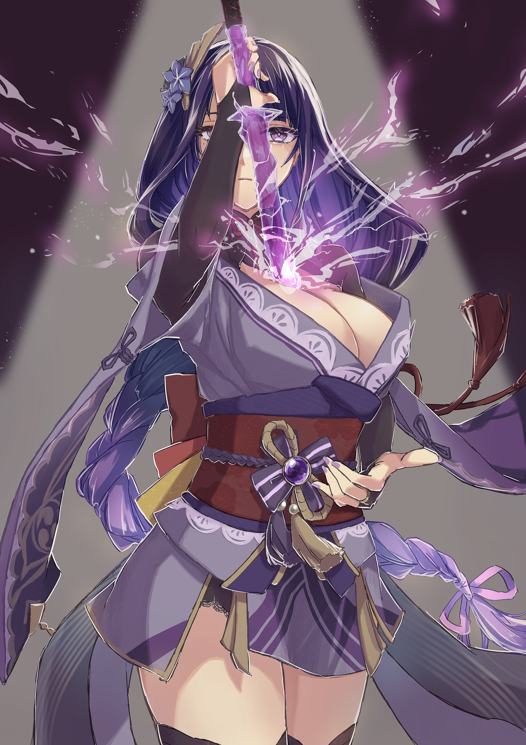 ikanago eak, raiden shogun, genshin impact, absurdres, commentary request, highres, 1girl, arm up, black panties, black thighhighs, blunt bangs, braid, breasts, bridal gauntlets, cleavage, closed mouth, electricity, expressionless, flower, flower ornament, glowing, glowing sword, glowing weapon, gradient hair, hair ornament, hair ribbon, holding, holding sword, holding weapon, human scabbard, japanese clothes, katana, kimono, large breasts, light particles, long braid, long hair, looking at viewer, mitsudomoe (shape), mole, mole under eye, multicolored eyes, multicolored hair, musou isshin (genshin impact), neck ribbon, off shoulder, panties, powering up, purple background, purple eyes, purple flower, purple hair, purple kimono, purple nails, purple ribbon, red ribbon, red sash, ribbon, sash, shade, single braid, solo, spotlight, standing, streaked hair, sword, thighhighs, thighs, tomoe (symbol), underwear, upper body, weapon