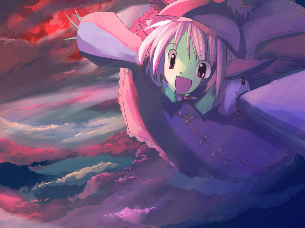 neki-t, mystia lorelei, touhou, 1girl, cloud, female focus, flying, hat, outdoors, sky, solo