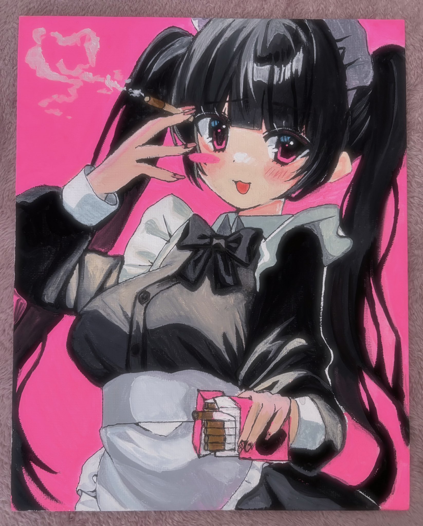 usausausabarasi, original, commentary, highres, painting (medium), traditional media, 1girl, :3, apron, arm up, black bow, black dress, black hair, blunt bangs, blush, blush stickers, bow, cigarette, cigarette pack, dress, frilled apron, frills, holding, holding cigarette, long hair, long sleeves, looking to the side, maid headdress, pink background, pink nails, simple background, smoke, smoke trail, solo, twintails, white apron