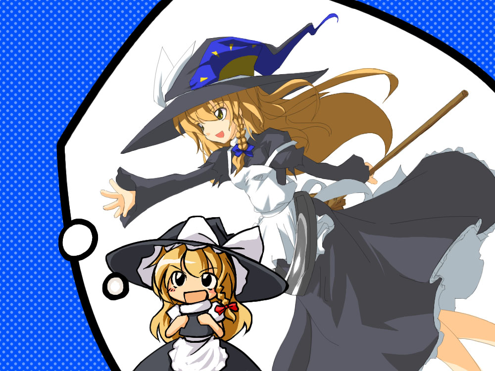 neki-t, kirisame marisa, touhou, 1girl, aged up, blonde hair, broom, chibi, female focus, hat, multiple views, skirt, witch