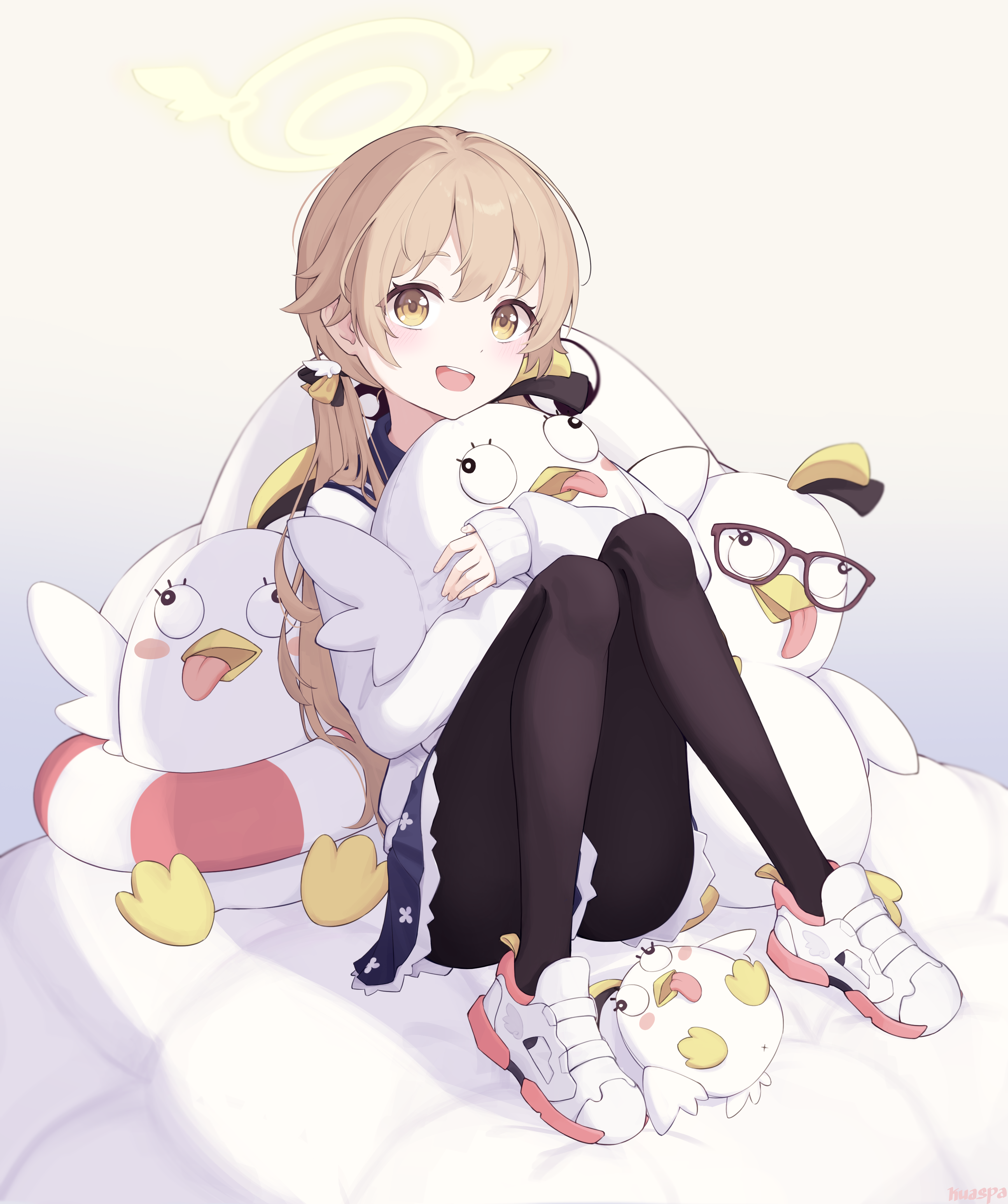 kuaspa, hifumi (blue archive), peroro (blue archive), blue archive, absurdres, commentary, highres, 1girl, black pantyhose, blonde hair, full body, halo, hugging doll, hugging object, long hair, long sleeves, looking at viewer, low twintails, open mouth, pantyhose, school uniform, shoes, sitting, sleeves past wrists, smile, sneakers, solo, twintails, white shoes, yellow eyes, yellow halo