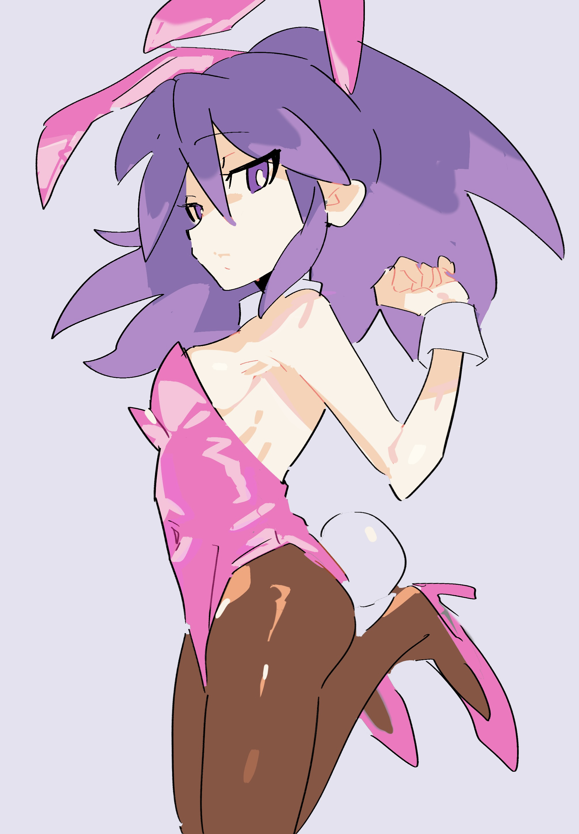 kmnk (kumanuko), hyakkihime, youkai watch, absurdres, highres, 1girl, animal ears, breasts, bright pupils, covered navel, detached collar, fake animal ears, fake tail, grey background, high heels, high ponytail, leotard, long hair, medium breasts, multicolored hair, pantyhose, pink leotard, playboy bunny, ponytail, purple eyes, purple hair, rabbit ears, rabbit tail, simple background, solo, strapless, strapless leotard, tail, two-tone hair, white pupils