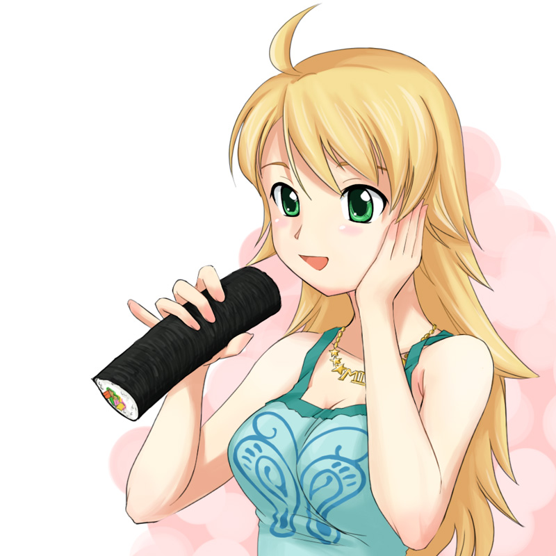 takahashi ren, hoshii miki, idolmaster, idolmaster (classic), idolmaster 1, 00s, 1girl, ahoge, bare shoulders, blonde hair, breasts, cleavage, ehoumaki, female focus, food, green eyes, green shirt, jewelry, long hair, makizushi, necklace, setsubun, sexually suggestive, shirt, smile, solo, sushi, tank top