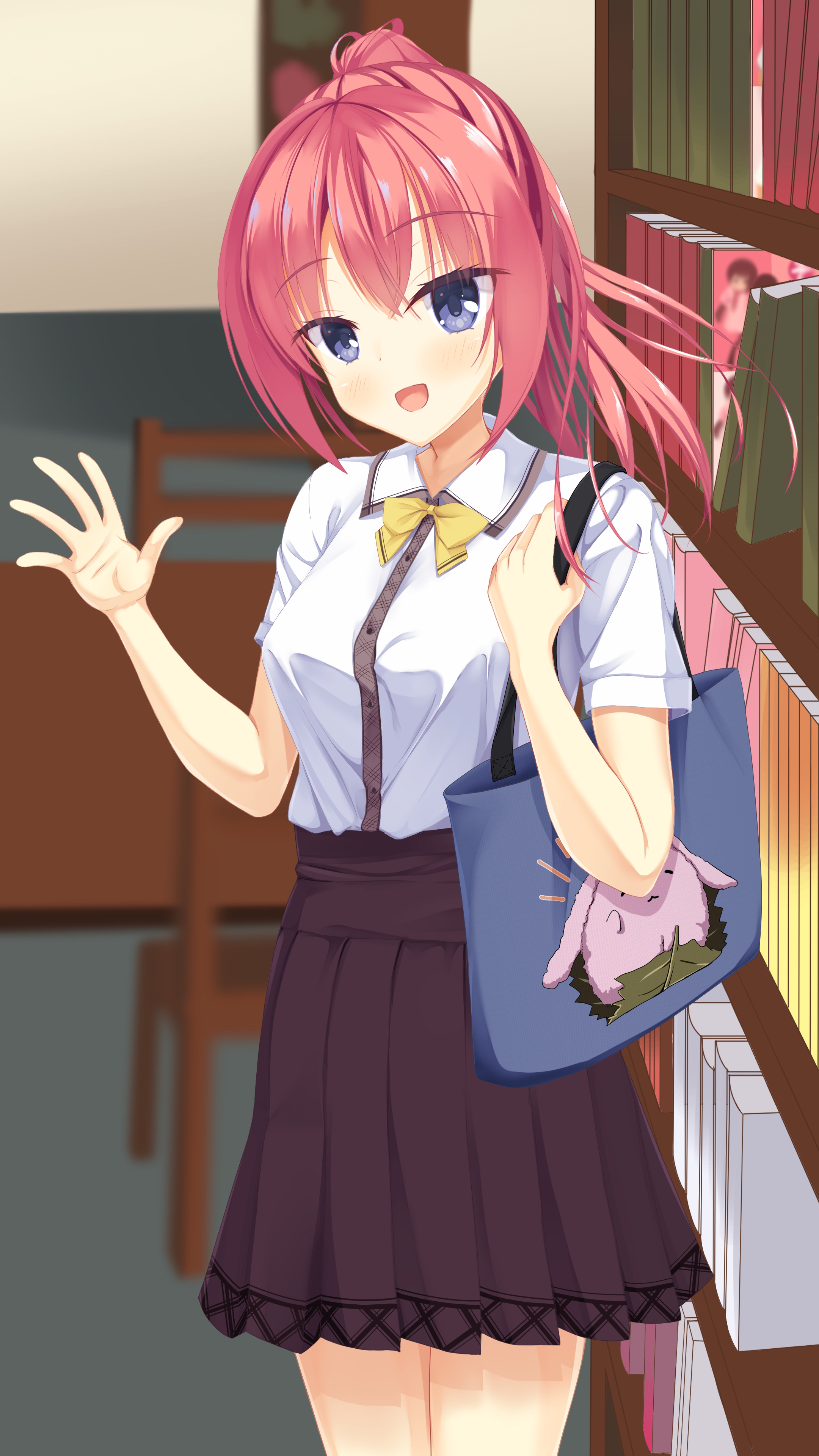 reiji tsukimi, ozato fumika, tenshi souzou re-boot!, absurdres, commentary request, highres, 1girl, :d, alternate costume, bag, blue eyes, blush, book, bookshelf, bow, bowtie, brown skirt, collared shirt, cowboy shot, crossed bangs, eyelashes, eyes visible through hair, floating hair, hair between eyes, hand up, hands up, happy, high-waist skirt, holding, holding bag, indoors, library, long hair, looking at viewer, mizuka academy school uniform, open mouth, outstretched hand, pleated skirt, ponytail, red hair, school uniform, shirt, short sleeves, sidelocks, skirt, smile, solo, waving, white shirt, yellow bow, yellow bowtie
